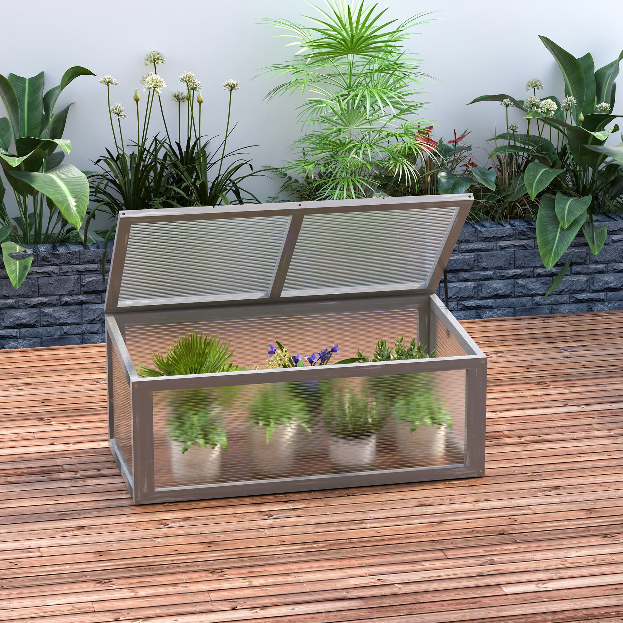 Koldrammedrivhus med overdækning, vejrbestandigt, lavet af træ og polycarbonat, grå, 90x46x40cm