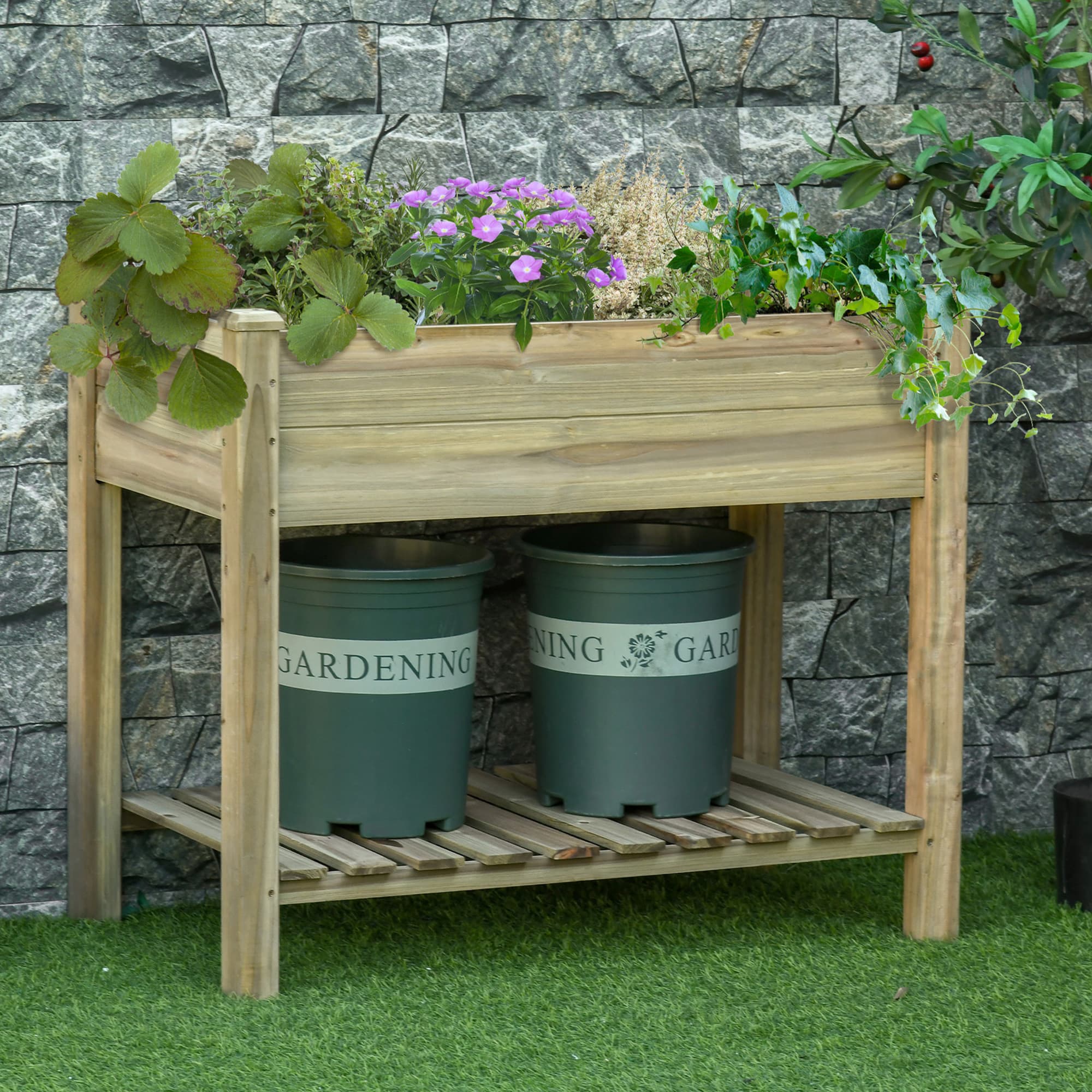 Højbed med hylde, højbed med urter og drænhuller, træpotte, vejrbestandigt grøntsagsbed, havebed, plantebed til have, balkon, terrasse, 91 x 51 x 76 cm, grøn