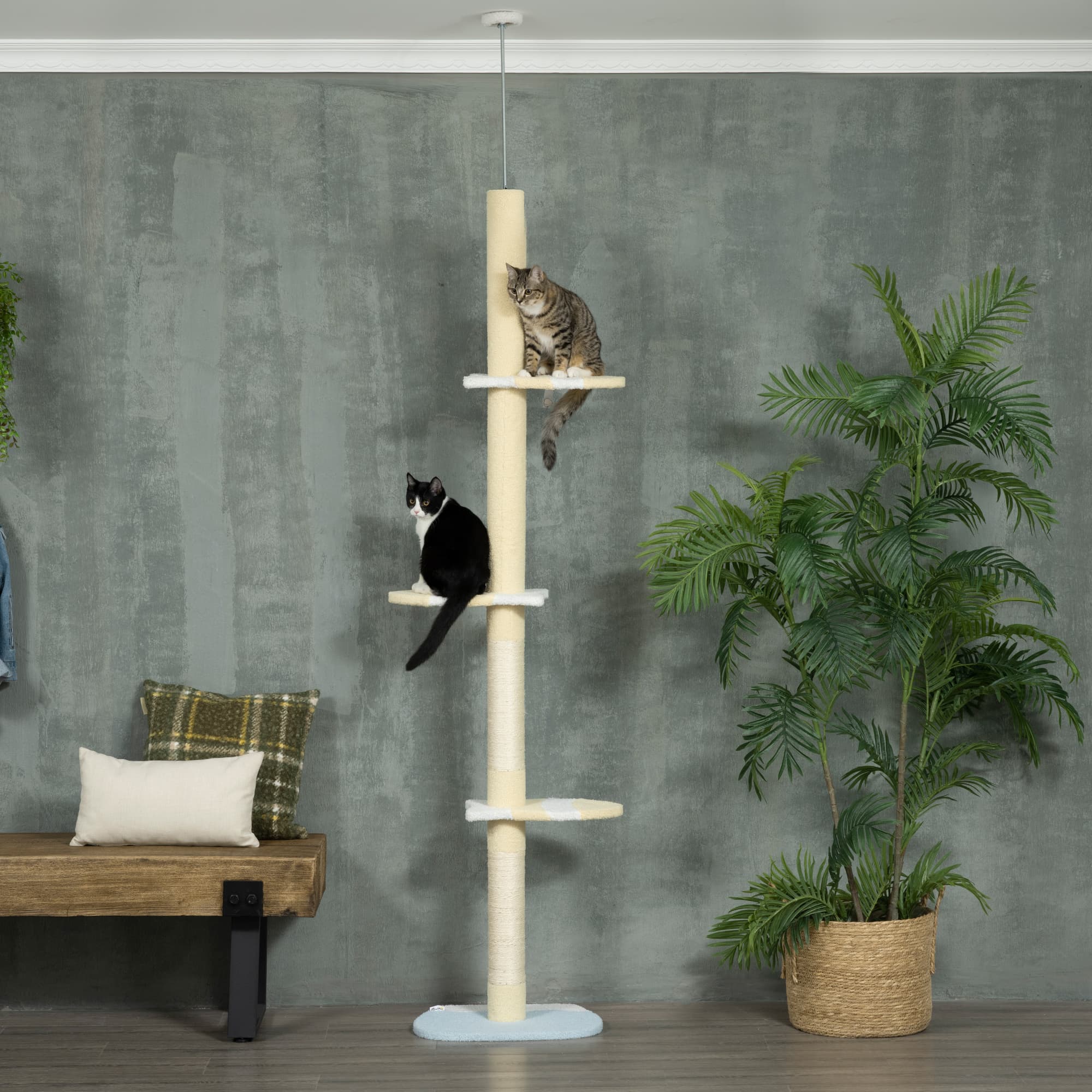 Kradsetræ, Lofthøjt Kradsetræ, 220-260 cm, Klatretræ med Legebold, Højdejusterbart Kradsetræ, Legetræ med Anti-Tip Beskyttelse, Plys, Gul