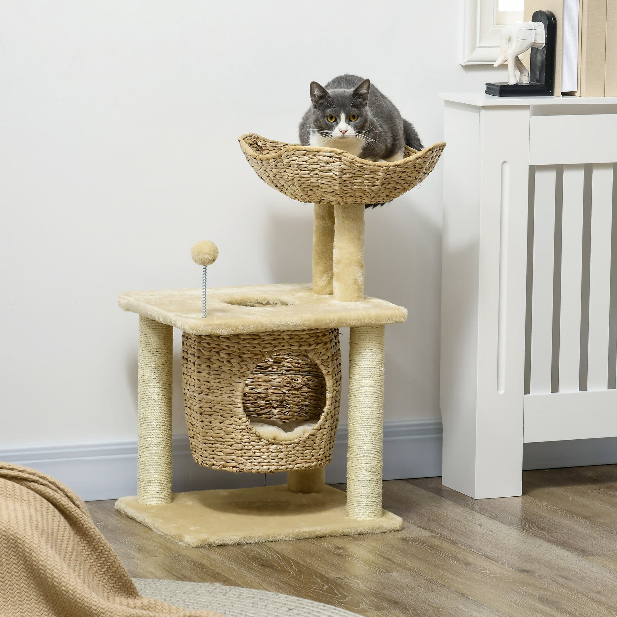 Kradsetræ til Katte Lille, 74 cm Kradsetræ med Kattehule, Legebold, Indendørs Klatretårn med Seng, Kradsemøbler til Katte op til 5 kg, Beige