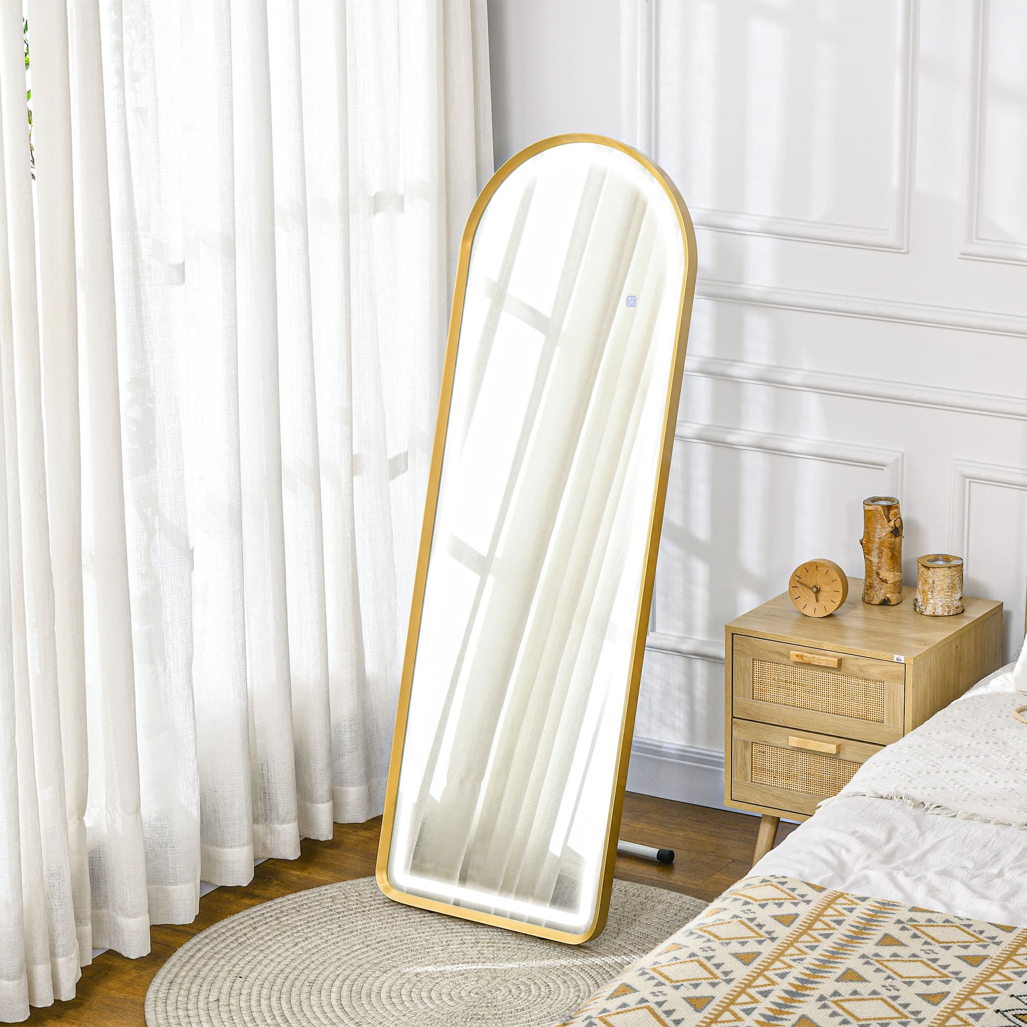 Spejl i fuld længde med dæmpbar LED-lys, vægspejl og stående spejl, garderobespejl med touch-afbryder, guld 47x146 cm
