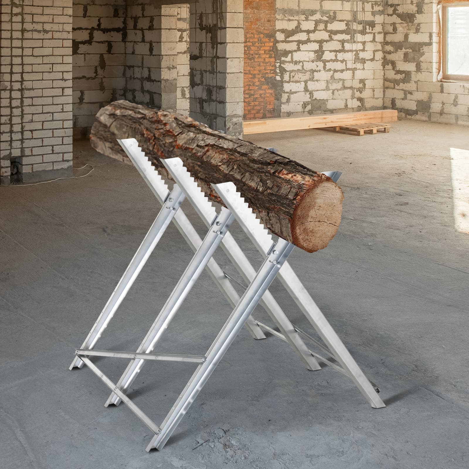 Motorsavbukke, sammenklappelig savbukke, savramme til brænde, sølvmetal, 83x83x79 cm, stabil og pladsbesparende