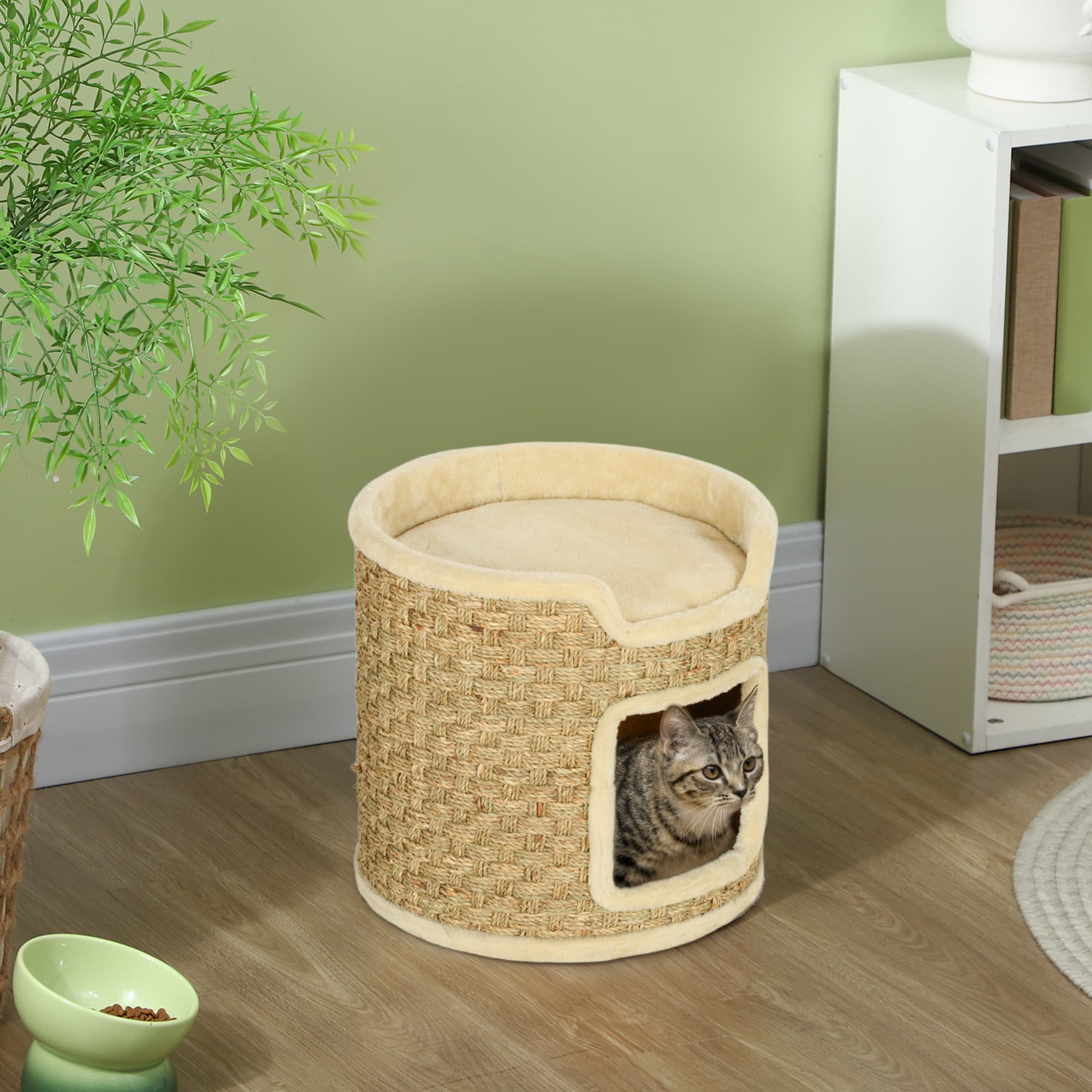 Kradsetønde til Katte, 37 cm høj kattetønde med dør, 2-niveauers kradsetræ, Sisal kattetårn, til katte op til 5 kg, Khaki