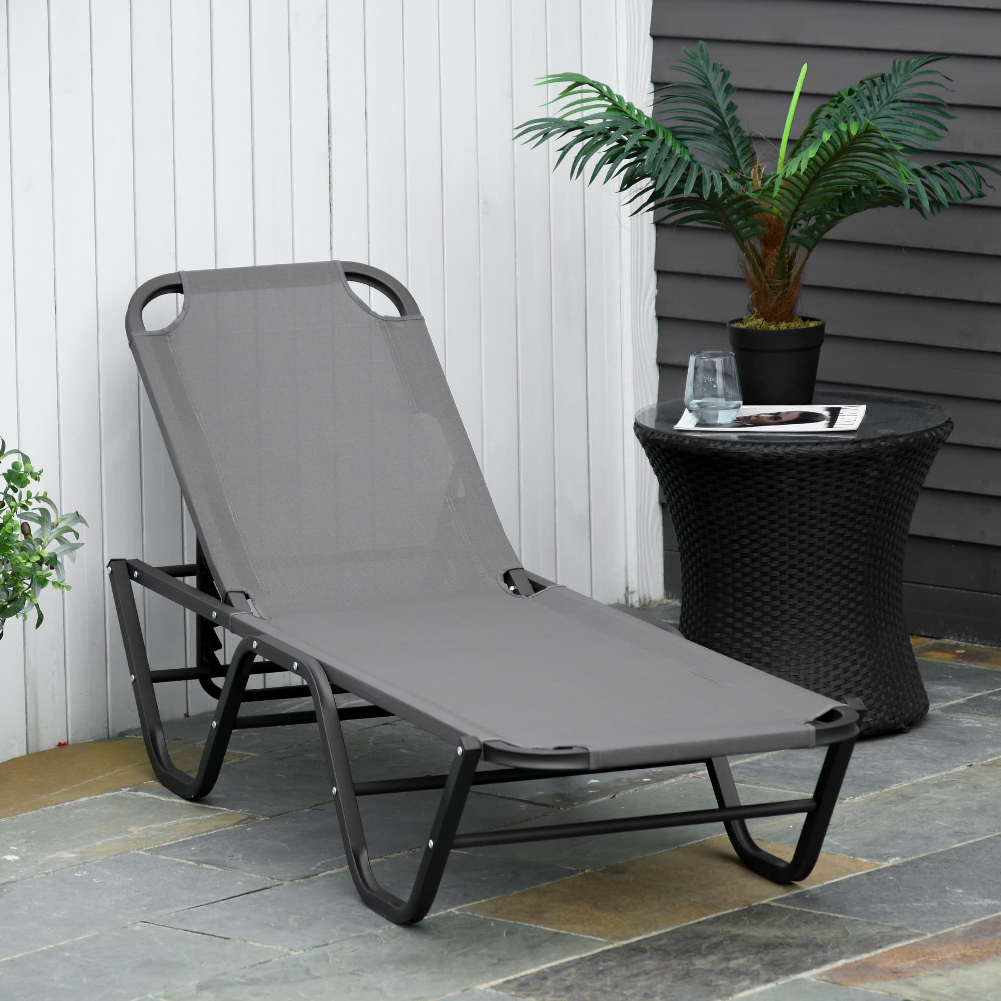 Solseng, strandstol, 5-niveauer aluminium havestol, afslappende liggestol, Texteline grå/sort, 163 x 58,5 x 91 cm til have og terrasse