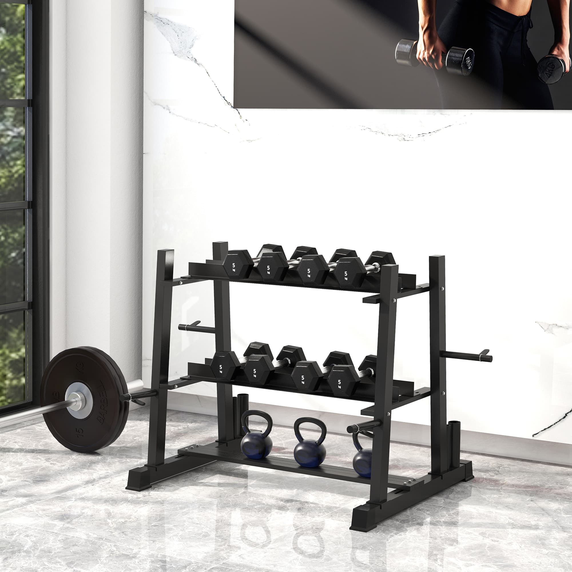 Håndvægtstativ, 3 niveauer, op til 200 kg, stål, sort, 131 x 75 x 80 cm, til fitnesscenter og hjemmetræning
