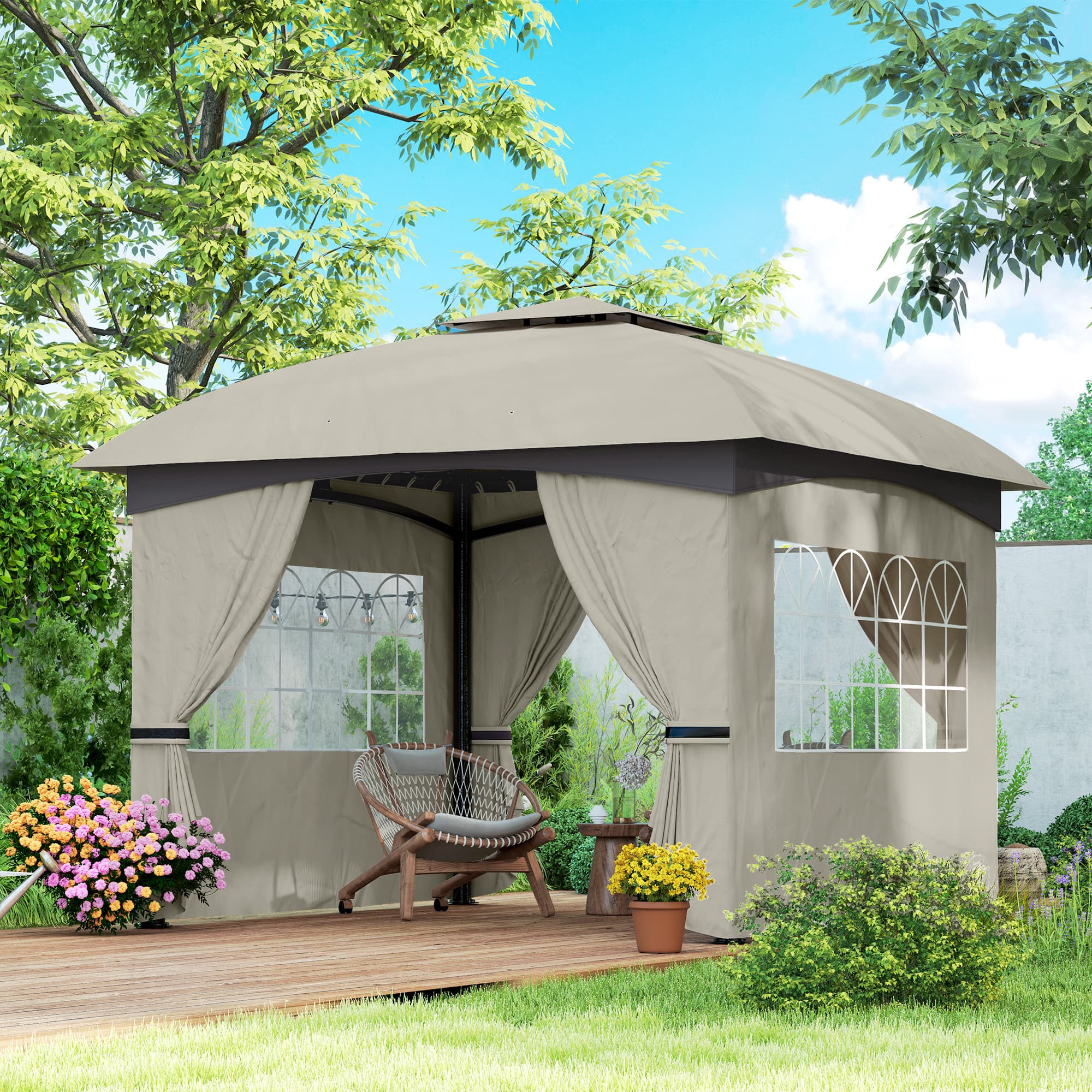 Pavillon, ca. 3,4 x 3,4 m, vandafvisende havepavillon med 4 sider, dobbelttag, partytelt med UV-beskyttelse, havetelt med galvaniseret metalramme, til haven, lysegrå
