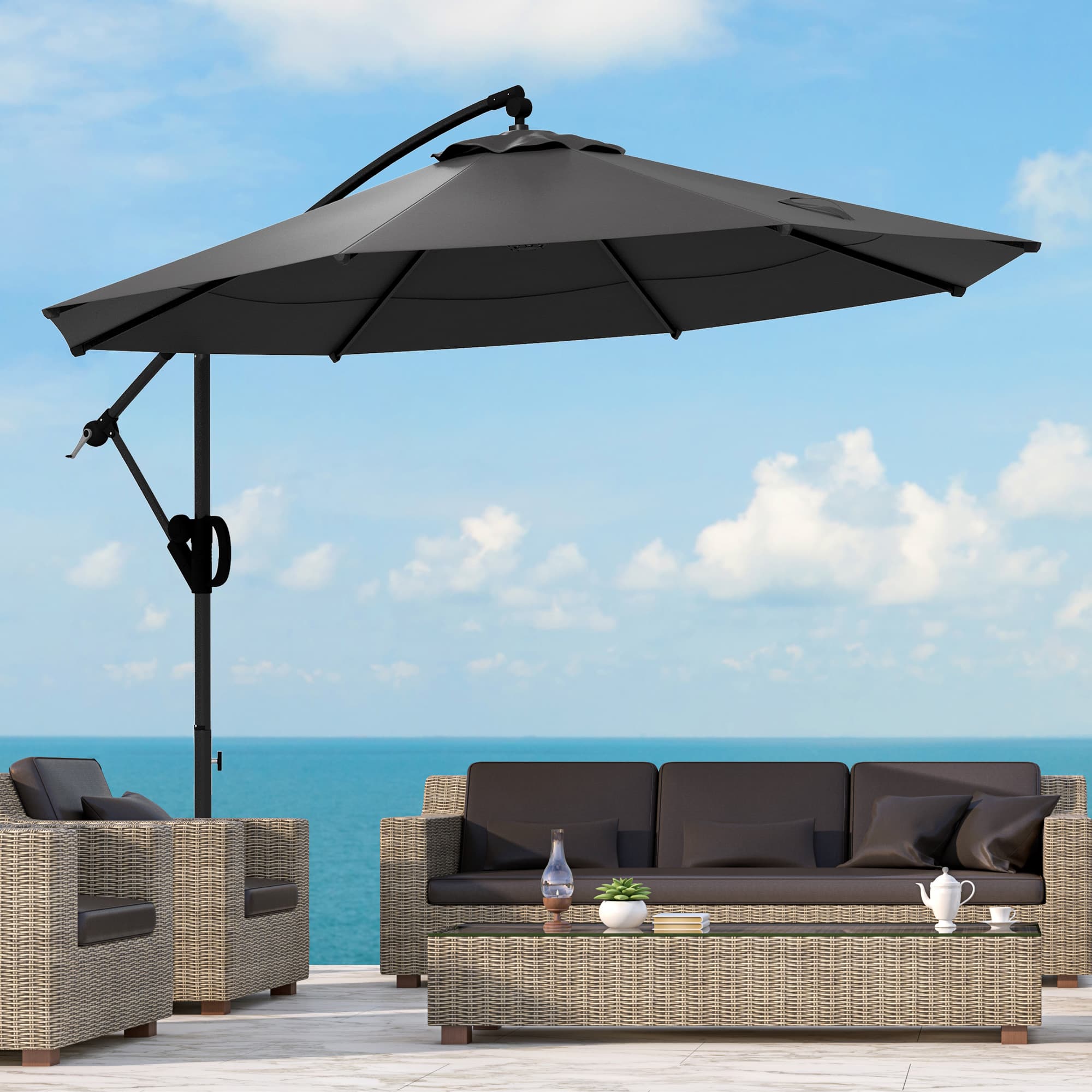 Fritstående terrasseparasol Ø293 x 260Hcm med håndsving og krydsfod, ventileret baldakin, vipbar, 8 ribber, polyestergrå