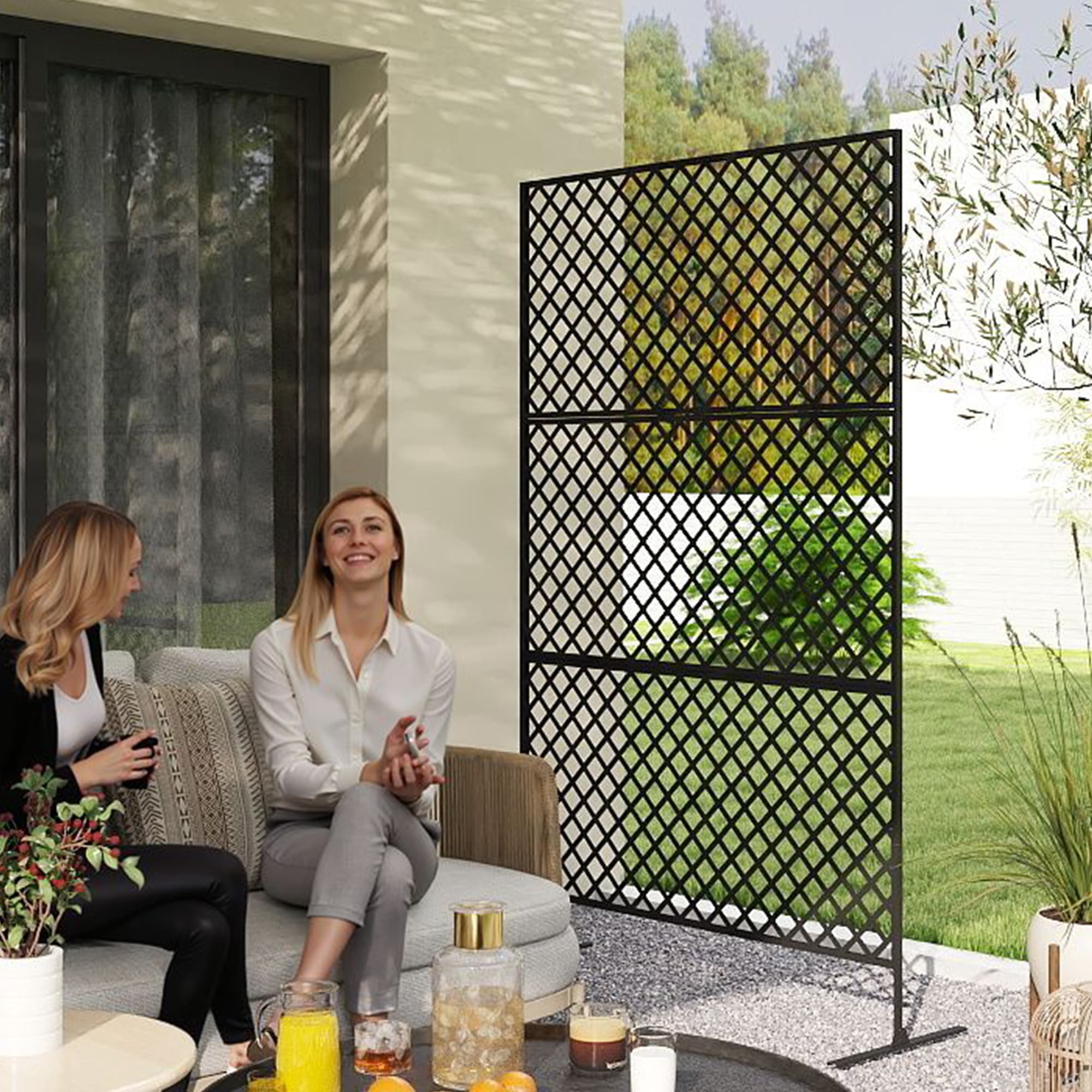 3-panels rumdeler 122 x 198 cm fritstående skærm i gitter, skillevæg 3-panels privatlivsskærm lavet af stål, udendørs rumdeler privatlivsskærm skillevæg til have, balkon, terrasse, sort