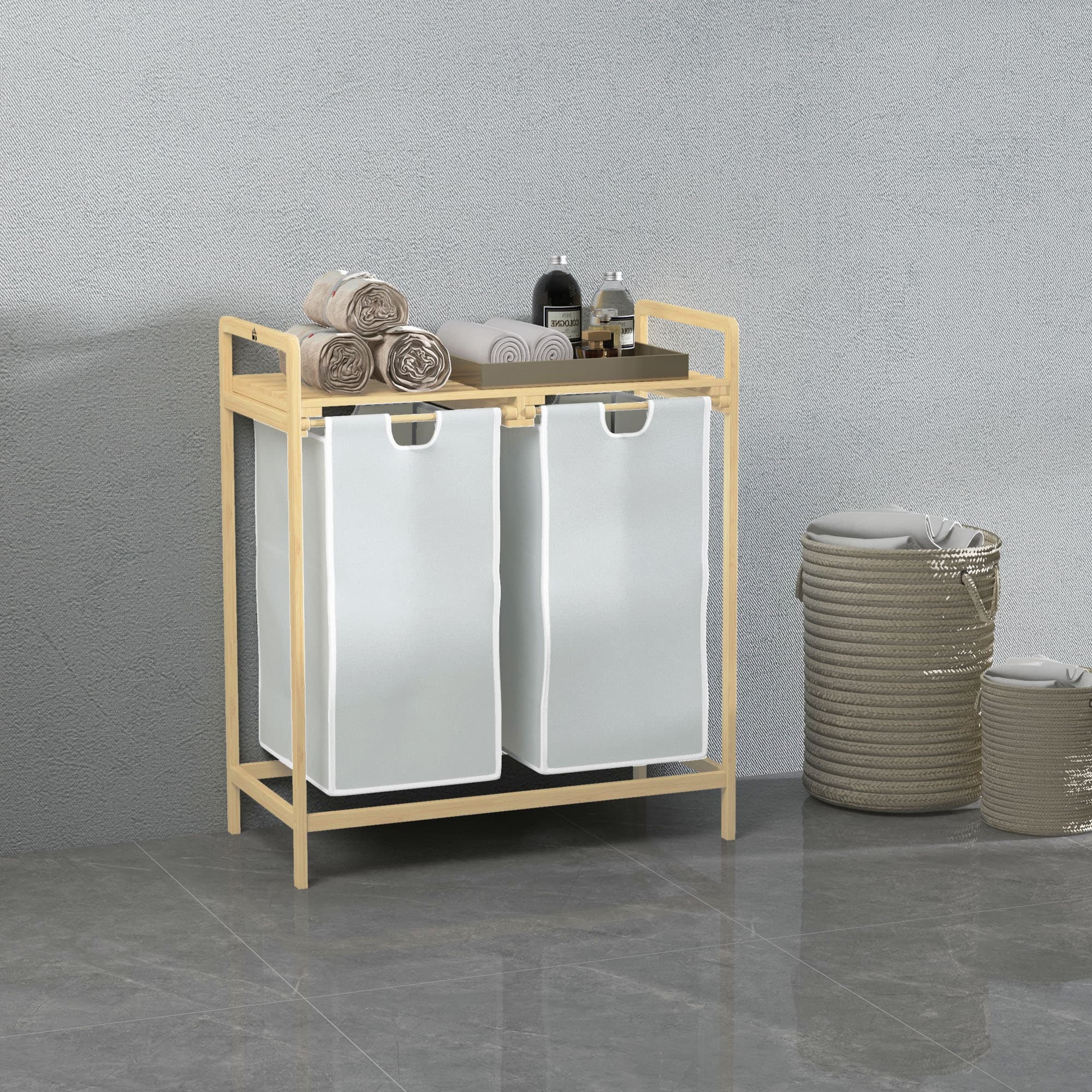 Vasketøjskurv med 2 aftagelige vasketøjsposer, Bambus vasketøjskurv til badeværelse, Cremefarvet, 63,5 x 33 x 73 cm