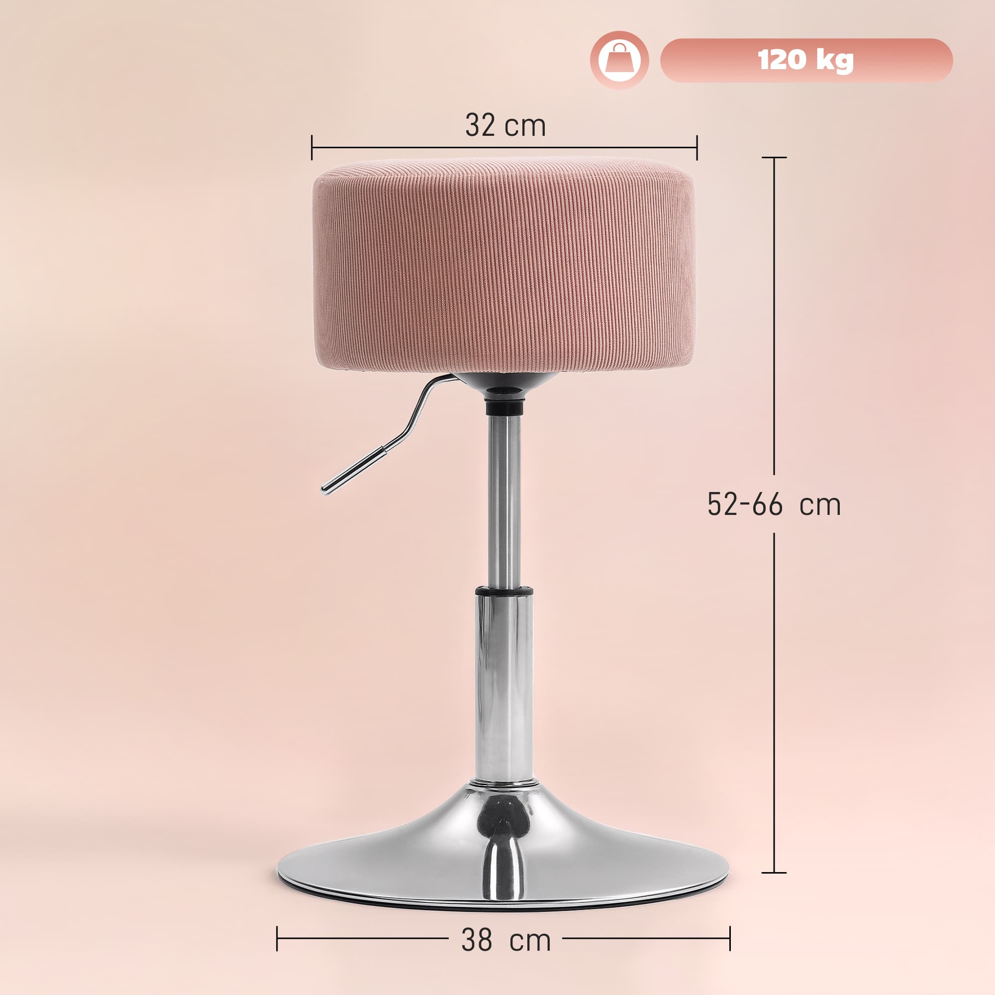 Barstol, Polstret Barstol med Metalstel, Corduroy Look, Højdejusterbar Køkkenstol med Fodstøtte, 360° Drejelig Barstol til Køkken, Stue, Spisestue, Pink