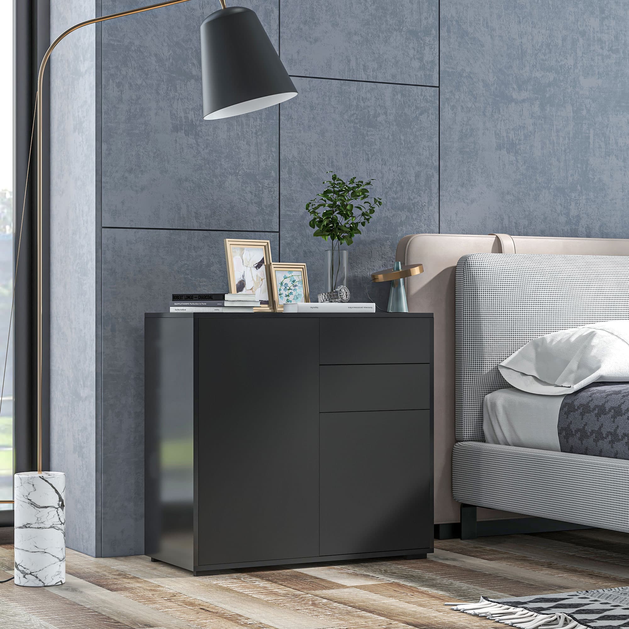 Skænk Sort Opbevaringsskab med 2 Skuffer &amp; 2 Døre Anti-Tip til Stue Soveværelse 117x36x74cm