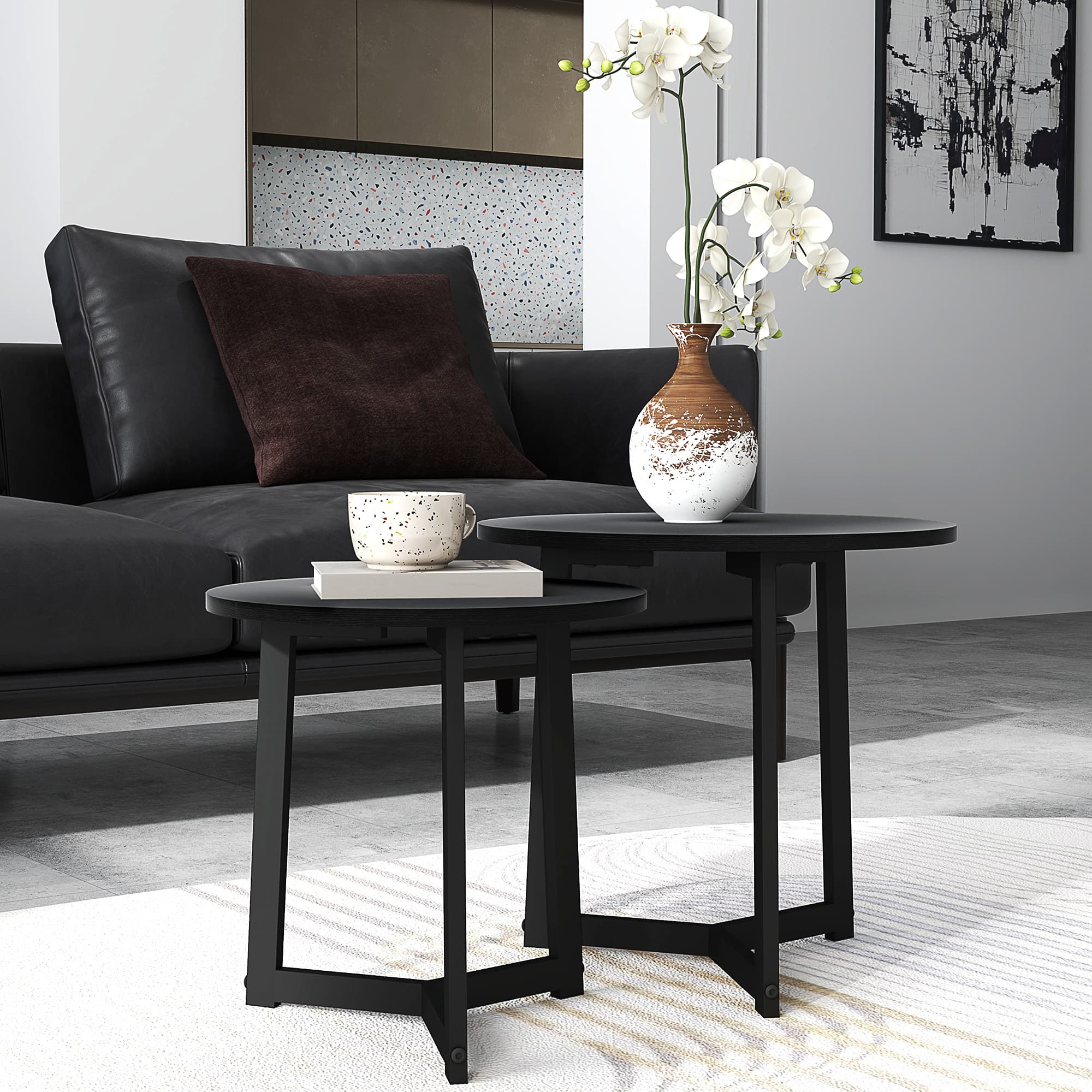 Sæt med 2 sofaborde, rundt sidebord, sofabord med stålstel, sofabord i moderne design, til stue, lasteevne op til 35 kg, sort