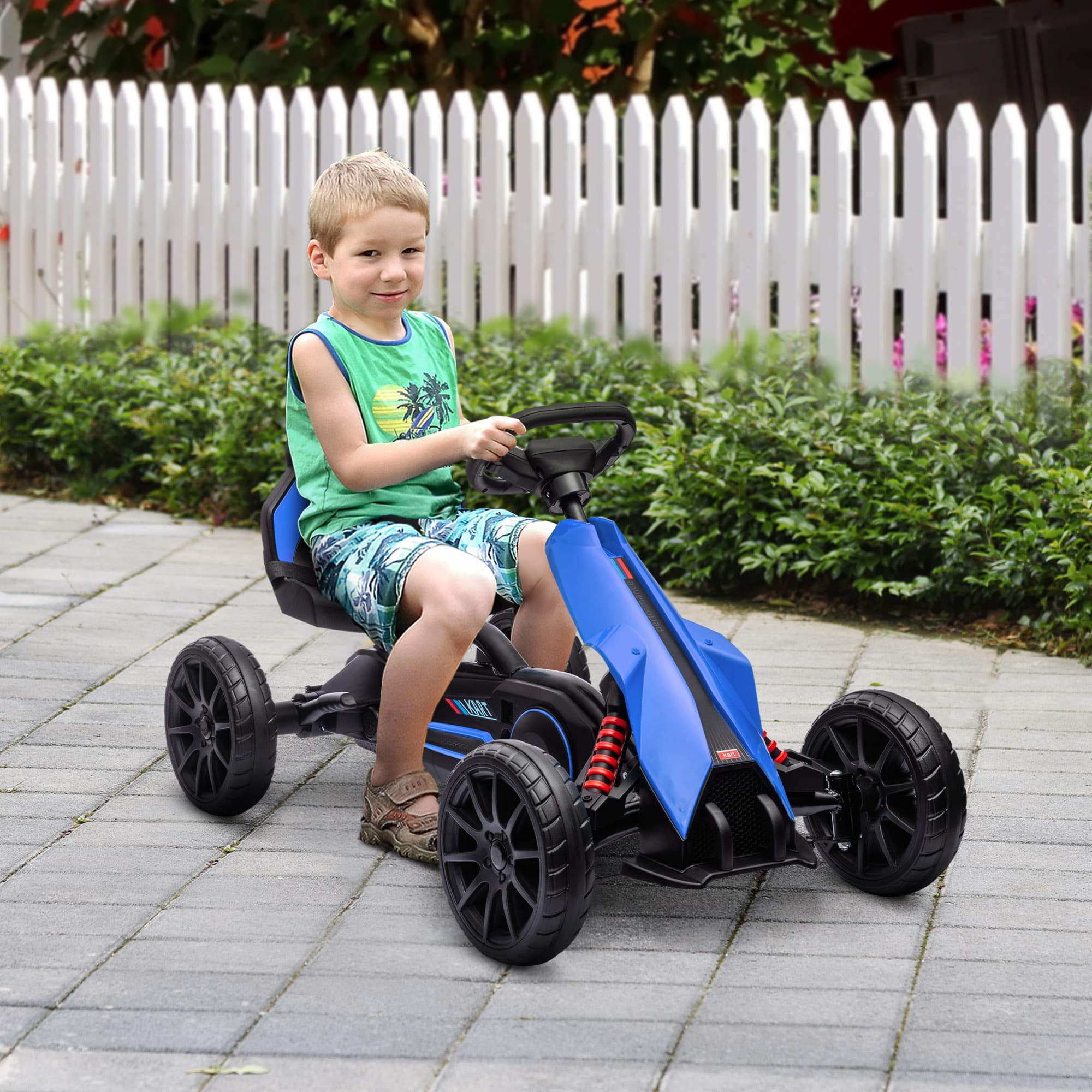 Gokart, Børnekøretøj med Justerbart Sæde, Pedalbil, Pedalbil med Håndbremse, Kettcar til Børn i Alderen 3-8, Blå