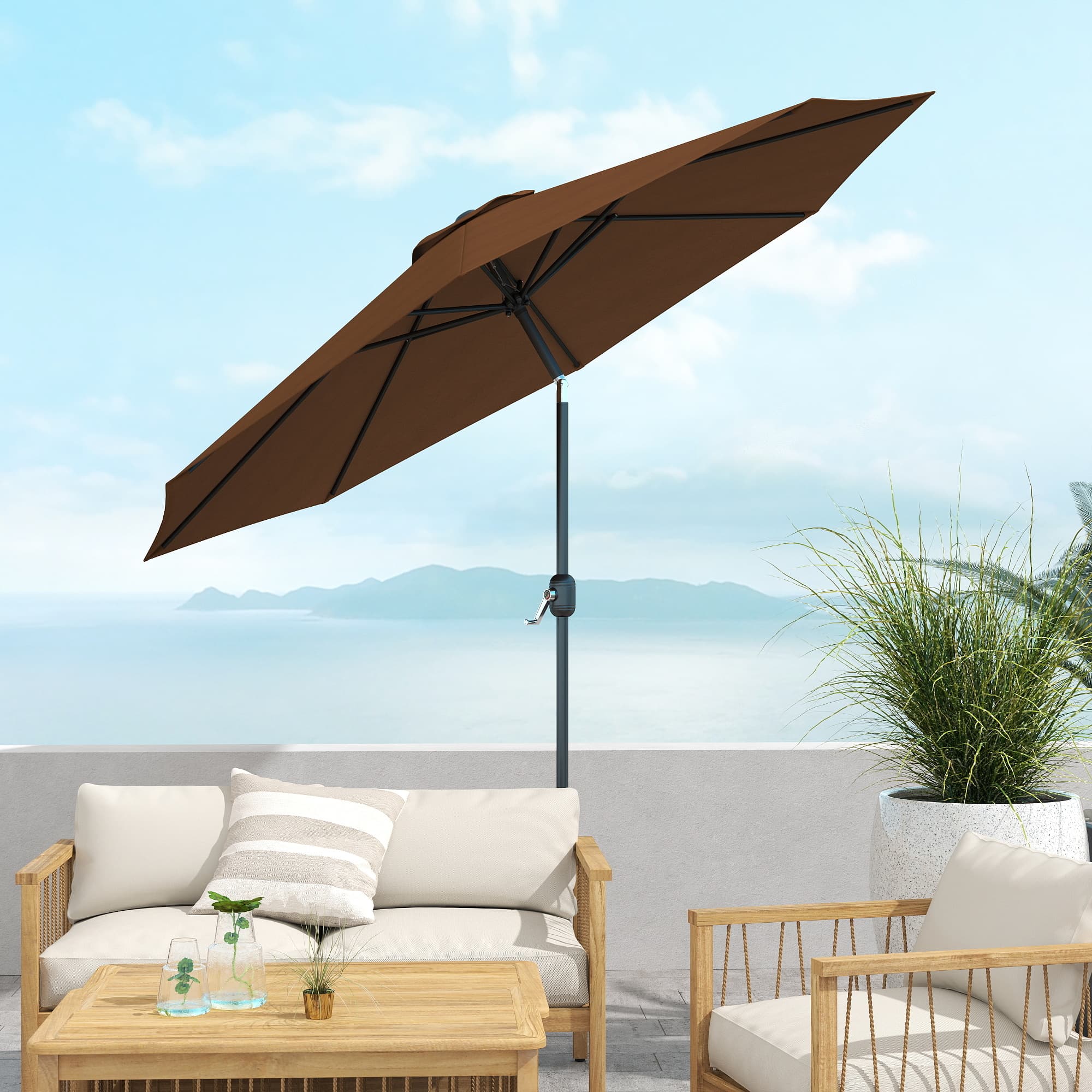Parasol med håndsving Ø2,95 x 2,5 m foldbar parasol, markedsparasol, brun, 180/m² polyester, stabil