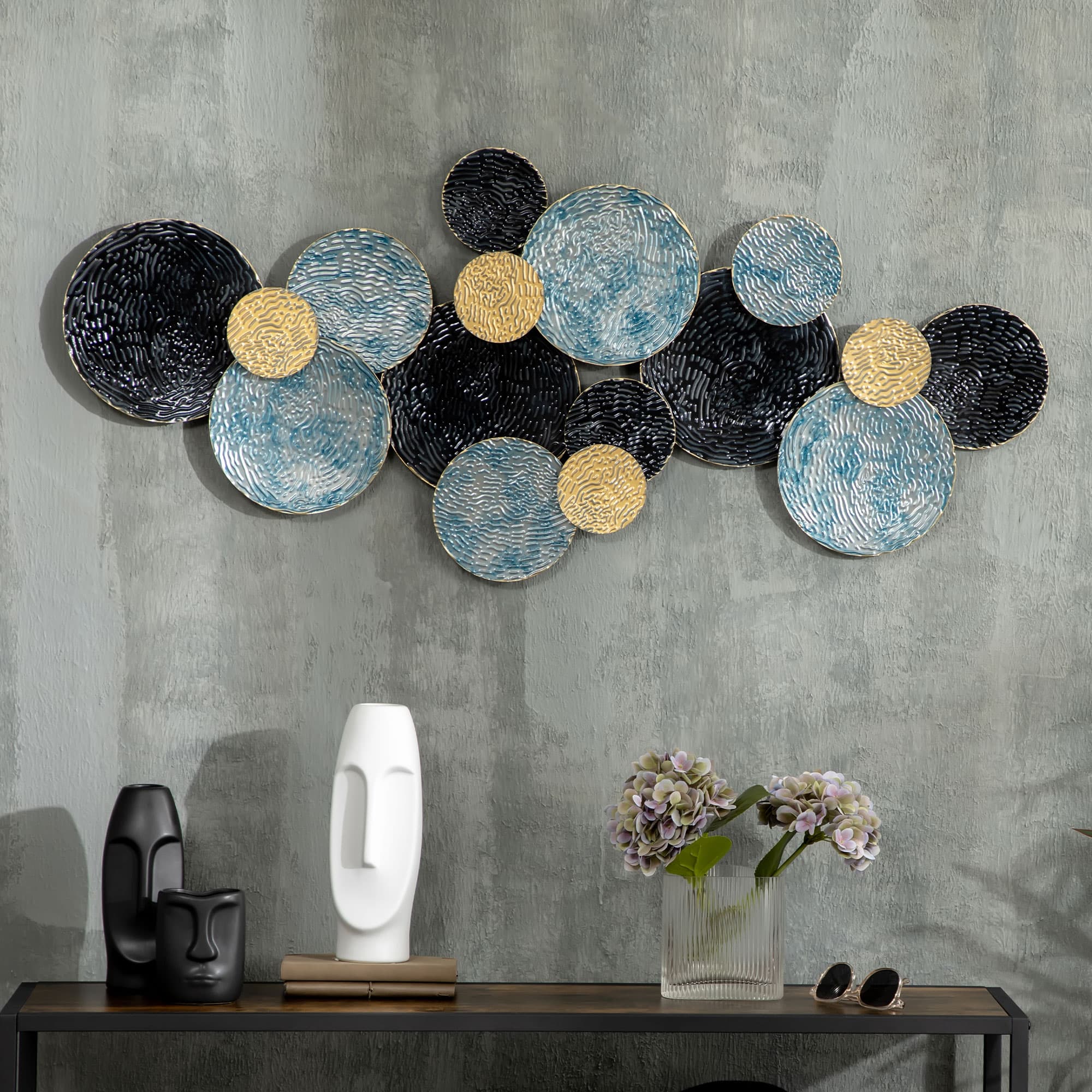 3D-vægkunst metalbillede vægskulptur moderne stuekunst 121x53cm i guld sort blå til stilfuld dekoration