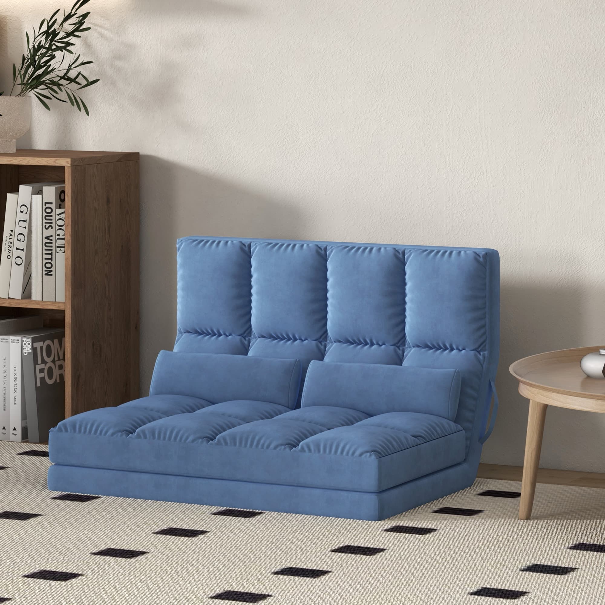 2-i-1 foldbar gulvsofa, 102L x 73B x 60H cm, med 3-vejs justerbar ryglæn, sædehynde, fløjl, stål, blå | Aos