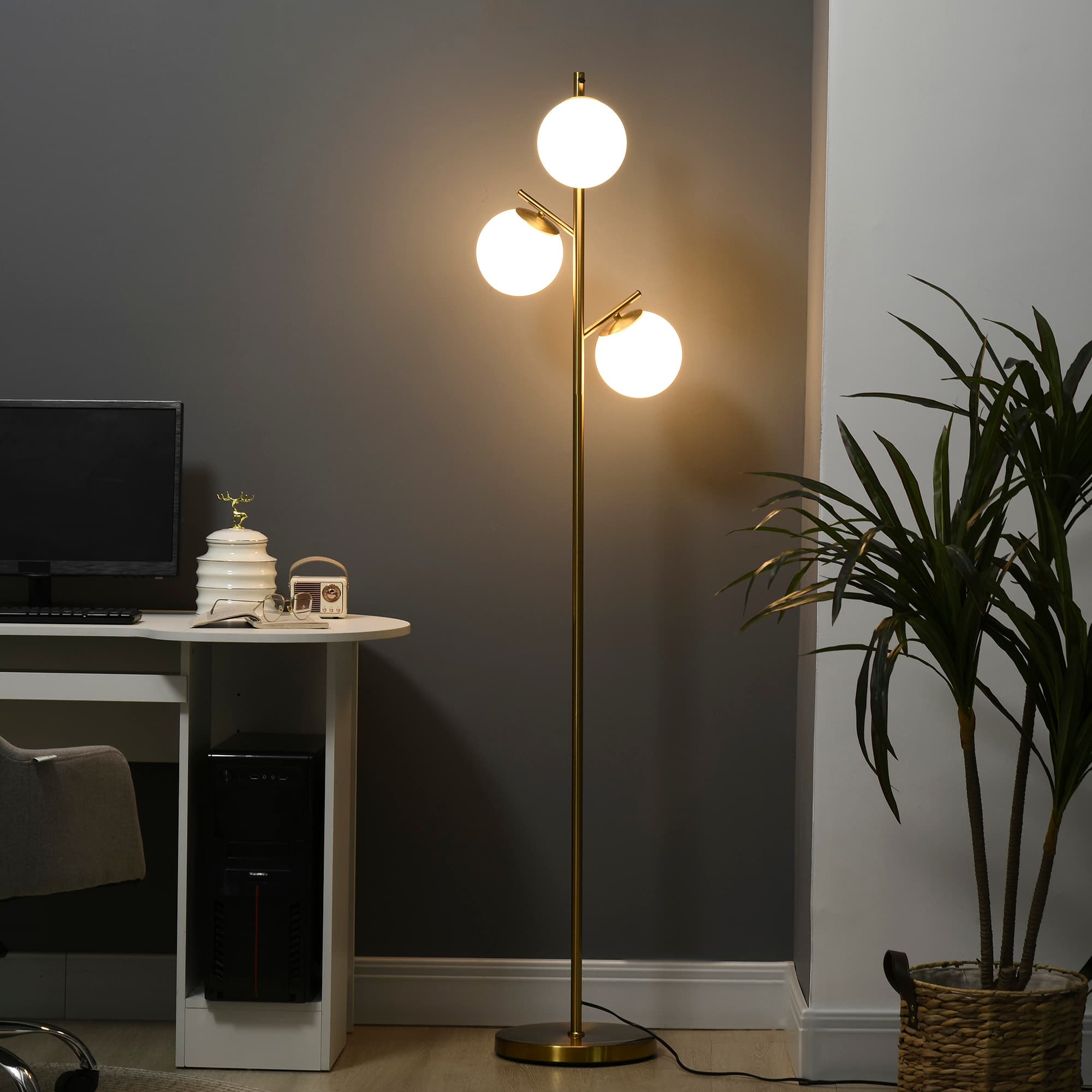 Gulvlampe 40W med E27 Fatning &amp; 3 Glasskærme, til Stue, 169 cm Højde