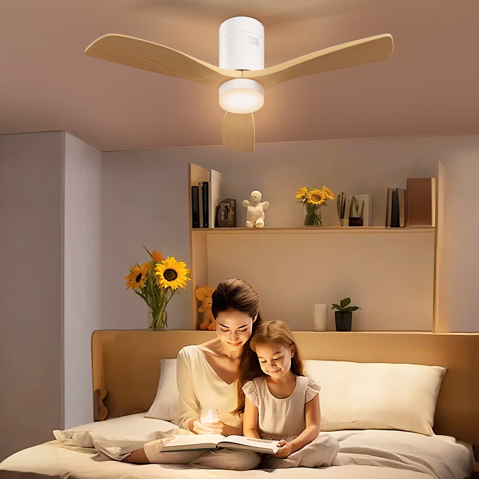 Loftventilator med lys og fjernbetjening, 117 cm LED-lampe med ventilator, 3 blade, vendbar DC-motor, 3 lysfarver, 6 hastigheder, timer til soveværelse