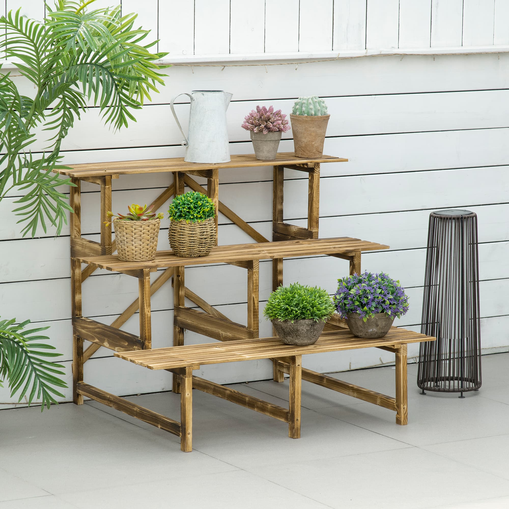 Plantetrappe Blomstertrappe Blomsterhylde 3 Etager Lavet af Grantræ 100 x 80 x 78 cm til Have Balkon &amp; Terrasse