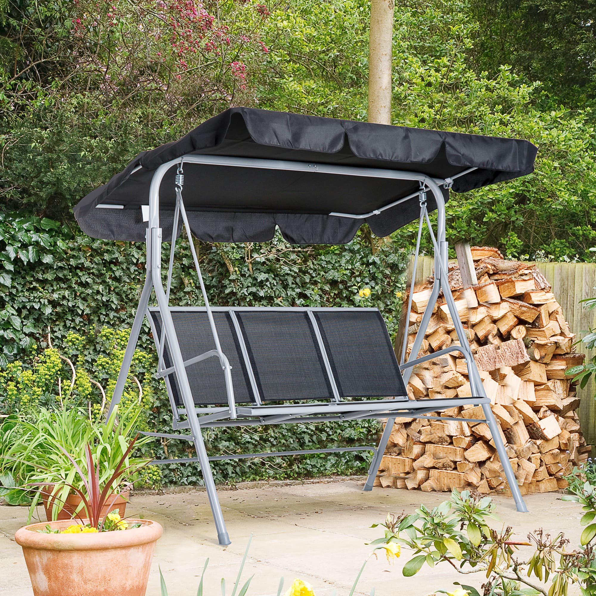 3-personers verandagynge, elegant havegynge med tag, metalramme, sort og sølv, 171 x 108 x 154 cm til have og terrasse