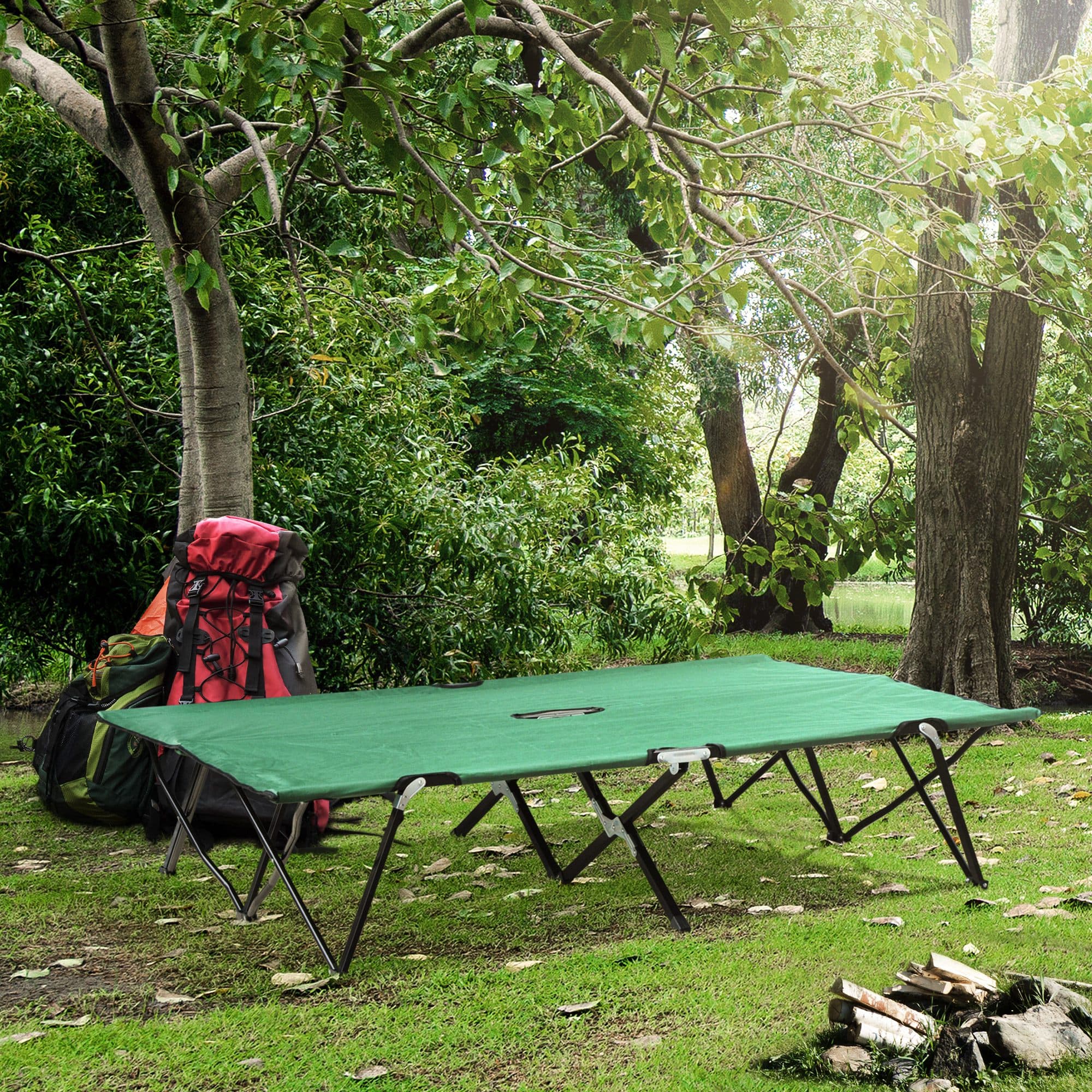 Campingseng til 2 personer, op til 136 kg lasteevne, sammenklappelig seng med bæretaske, Oxford grøn/sort, 193 x 125 x 40 cm til udendørs eventyr