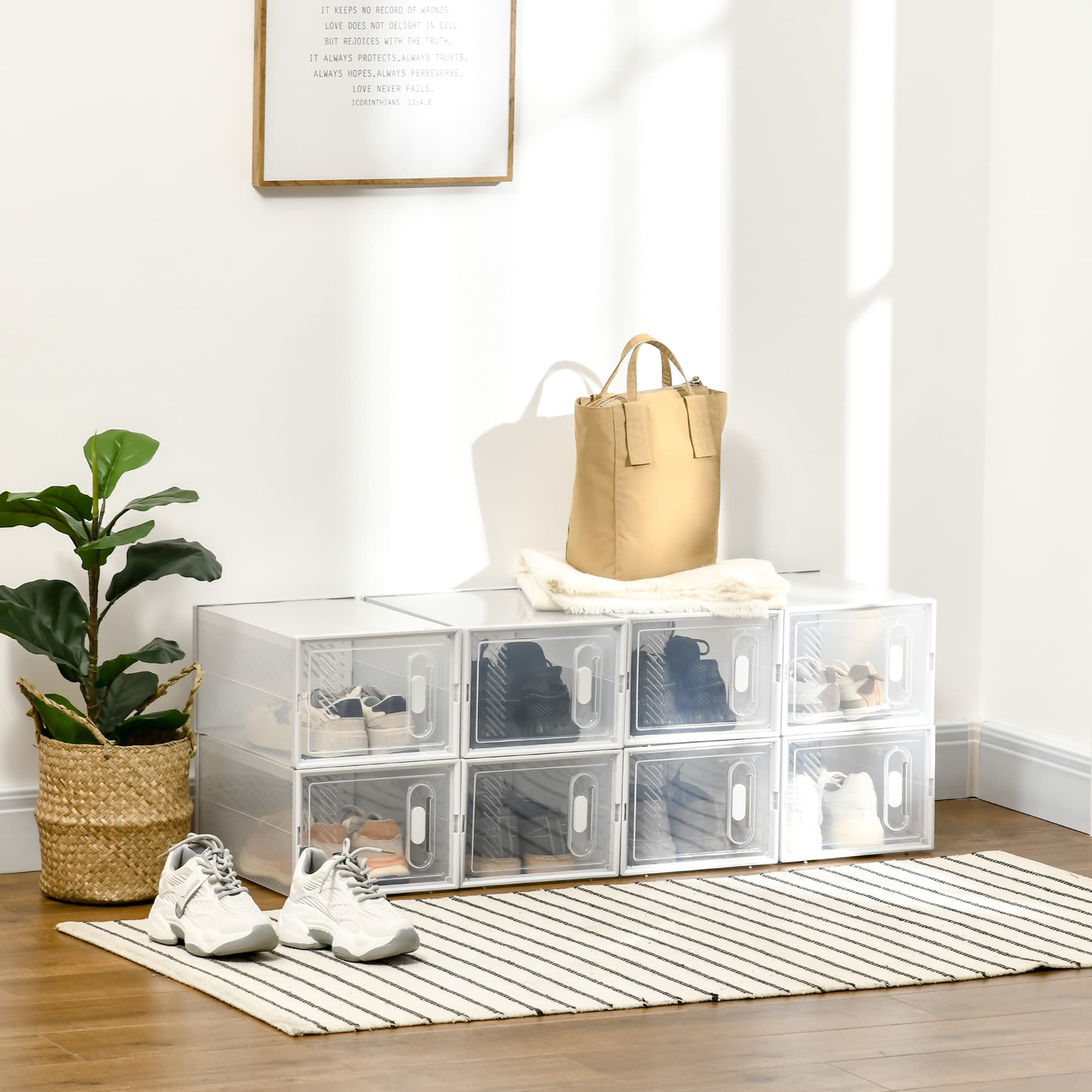Skoskab DIY Modulær reol med 8 rum, Rektangulær skoopbevaring, Plast, Transparent, 25x35x19cm