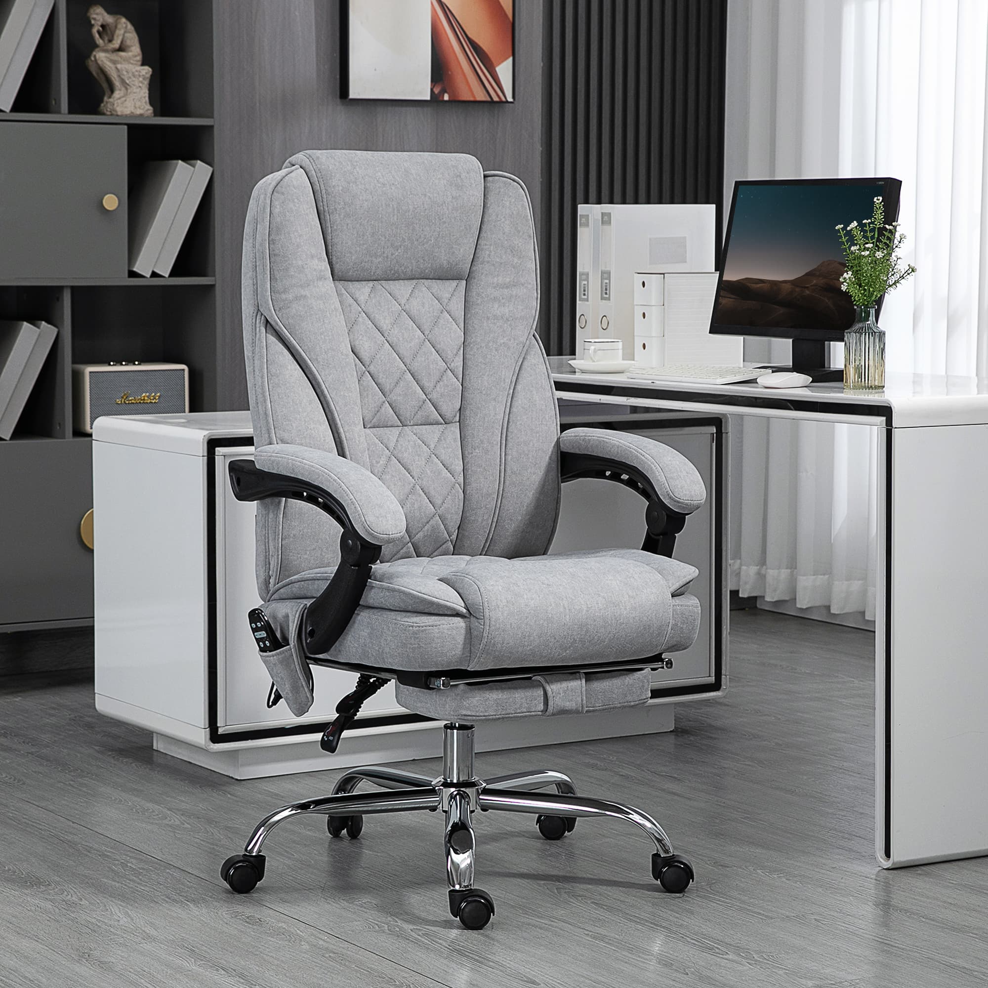 Kontorstol med Vibrationsmassage, Ergonomisk Skrivebordsstol med Hvilefunktion, Varme, Højdejusterbar Drejestol med Fodstøtte, Fjernbetjening, Sidelomme, Grå