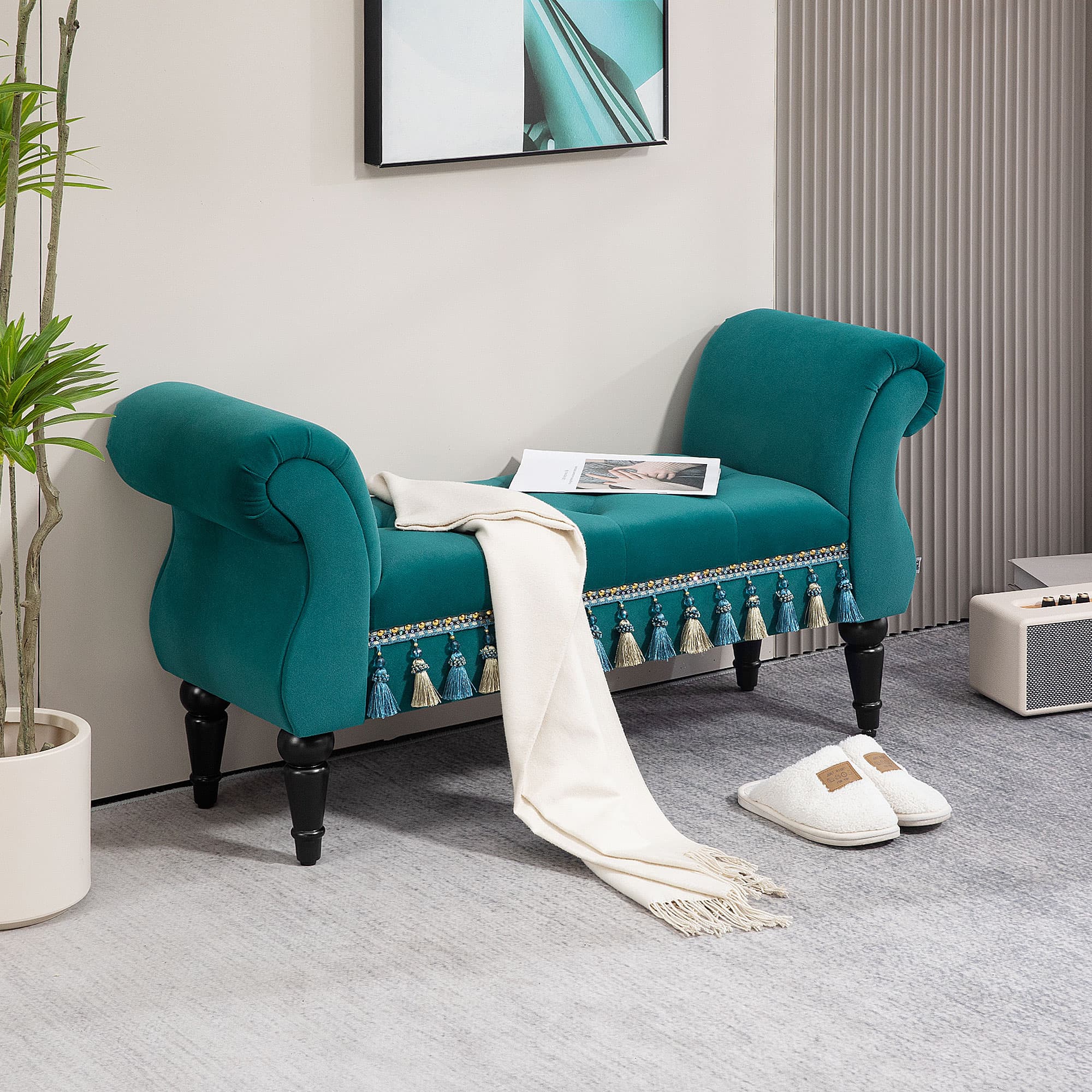 Luksuspolstret bænk med fløjlslook 117 x 40 x 58 cm til stue soveværelse grå stilfuld og komfortabel