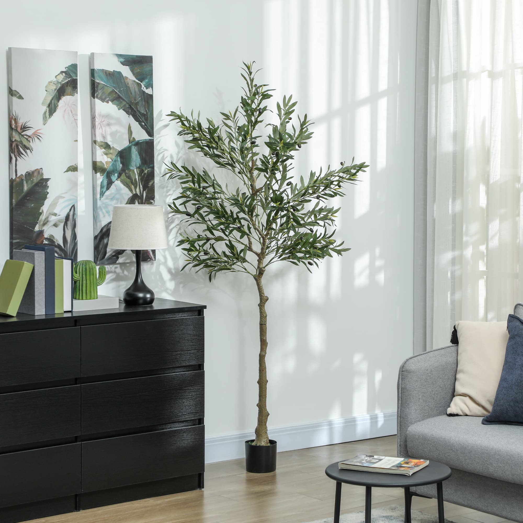Kunstigt Oliventræ Stort 180 cm Kunstig Plante, Plastik Kunstigt Oliventræ i Potte, Kunstigt Træ med Cement, Kunstig Mos til Stue, Soveværelse, Dekoration, Kontor