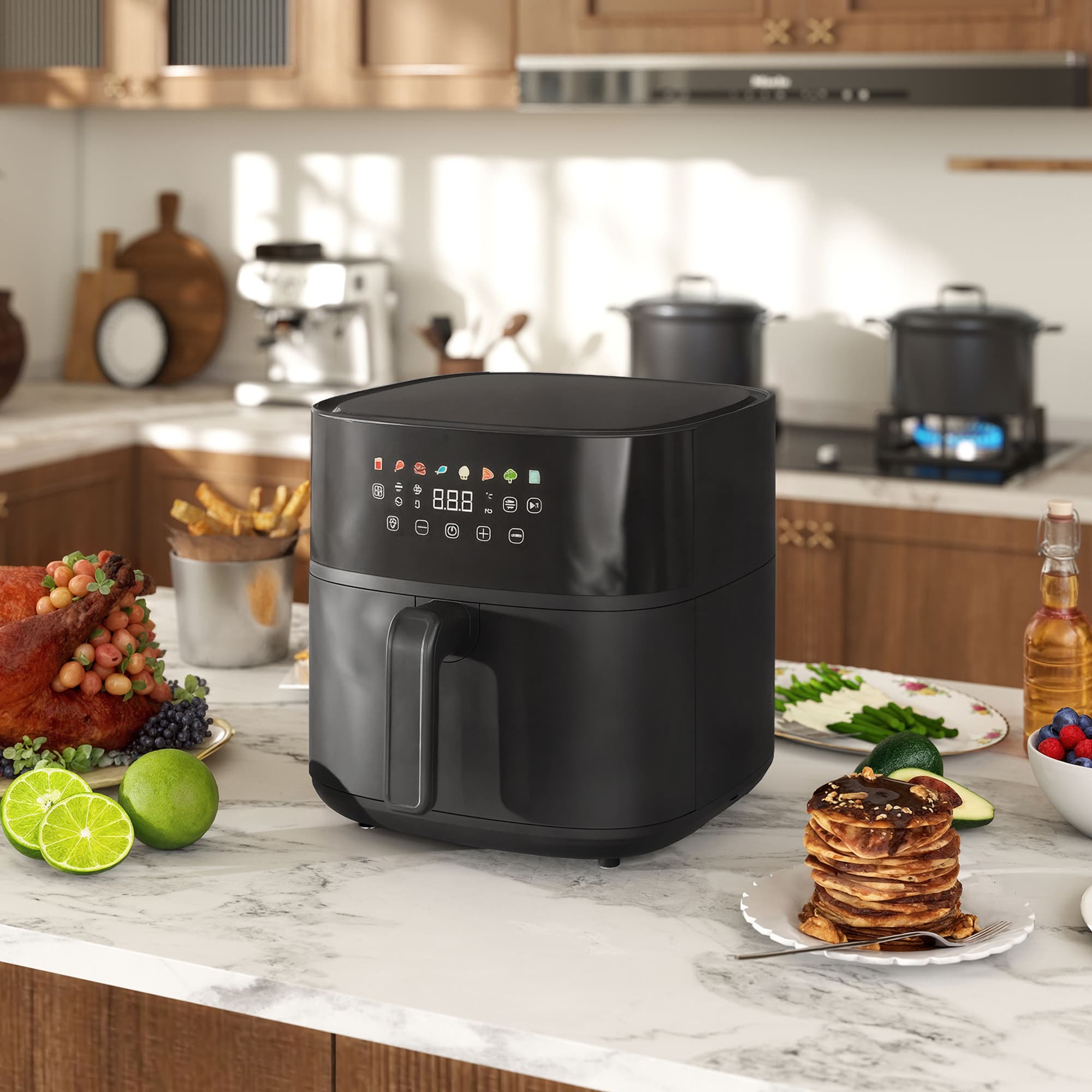 8L Airfryer med 8 forudindstillinger, 60-minutters timer, 360° varmluftcirkulation, 1700W oliefri frituregryde, med overophedningsbeskyttelse, LED-touchdisplay, sort