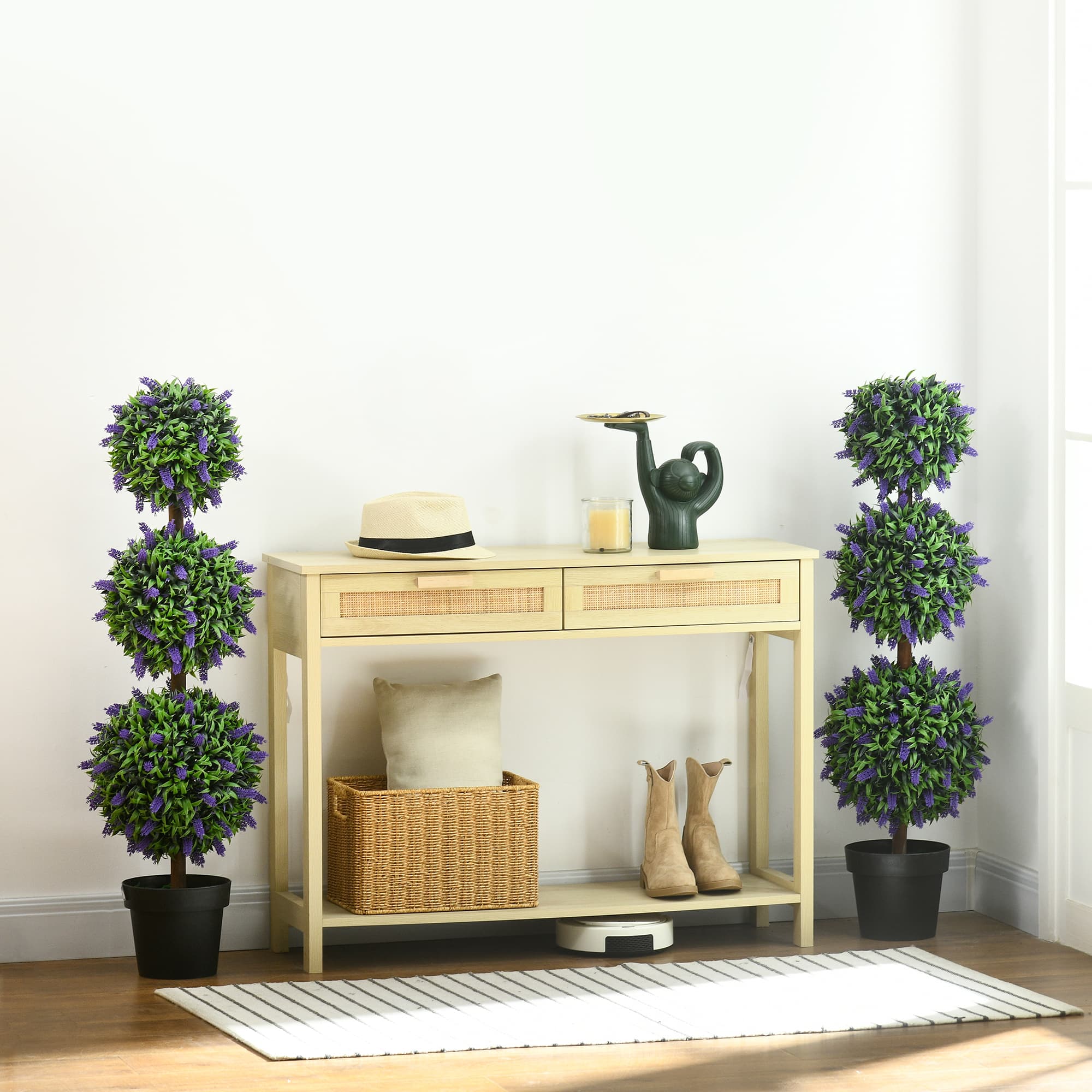 Sæt med 2 kunstige lavendeltræer, store, 110 cm, kunstige planter, kunstige plastikplanter i potter, UV-bestandige kunstige blomster med 3 kugler til stue, soveværelse, kontor, have
