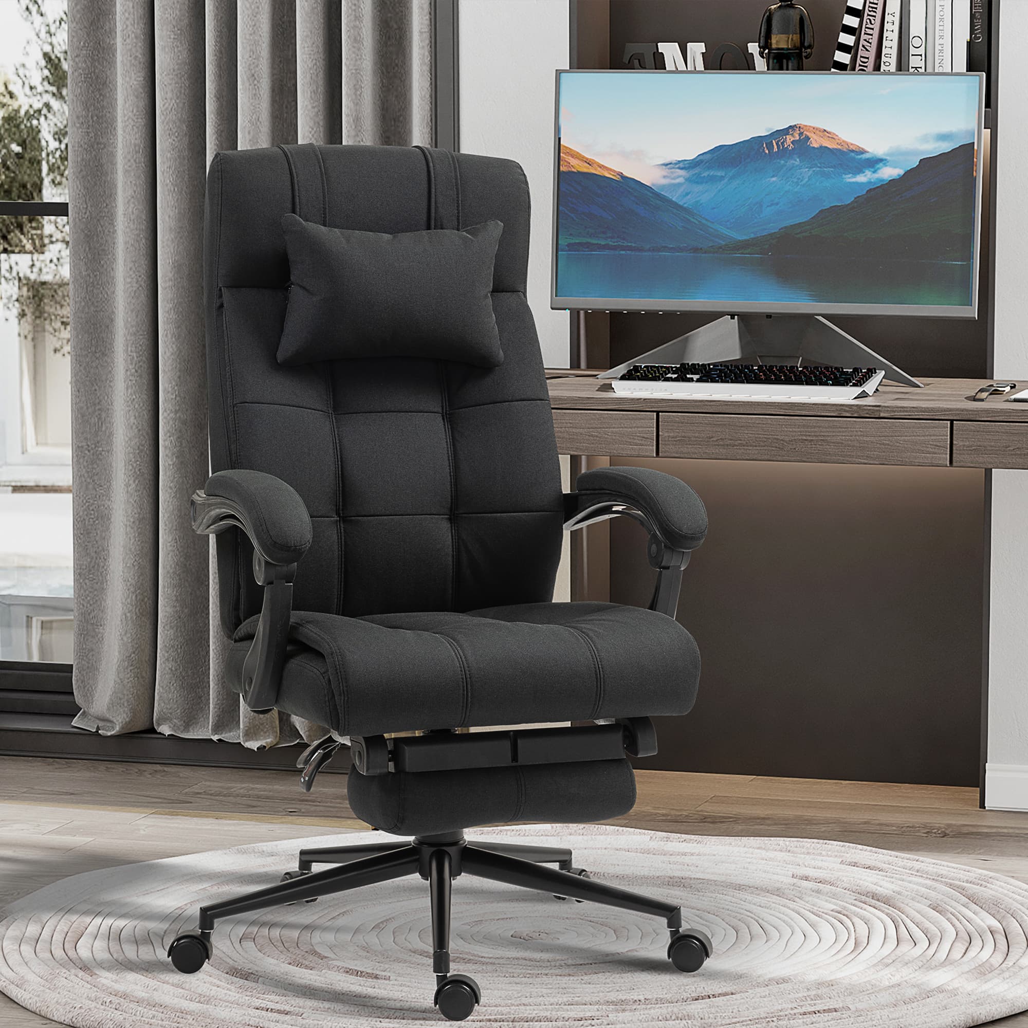 Kontorstol Ergonomisk Skrivebordsstol med Hvilefunktion, Nakkestøtte, Armlæn, Højdejusterbar Drejestol med Fodstøtte Hørlook Sort