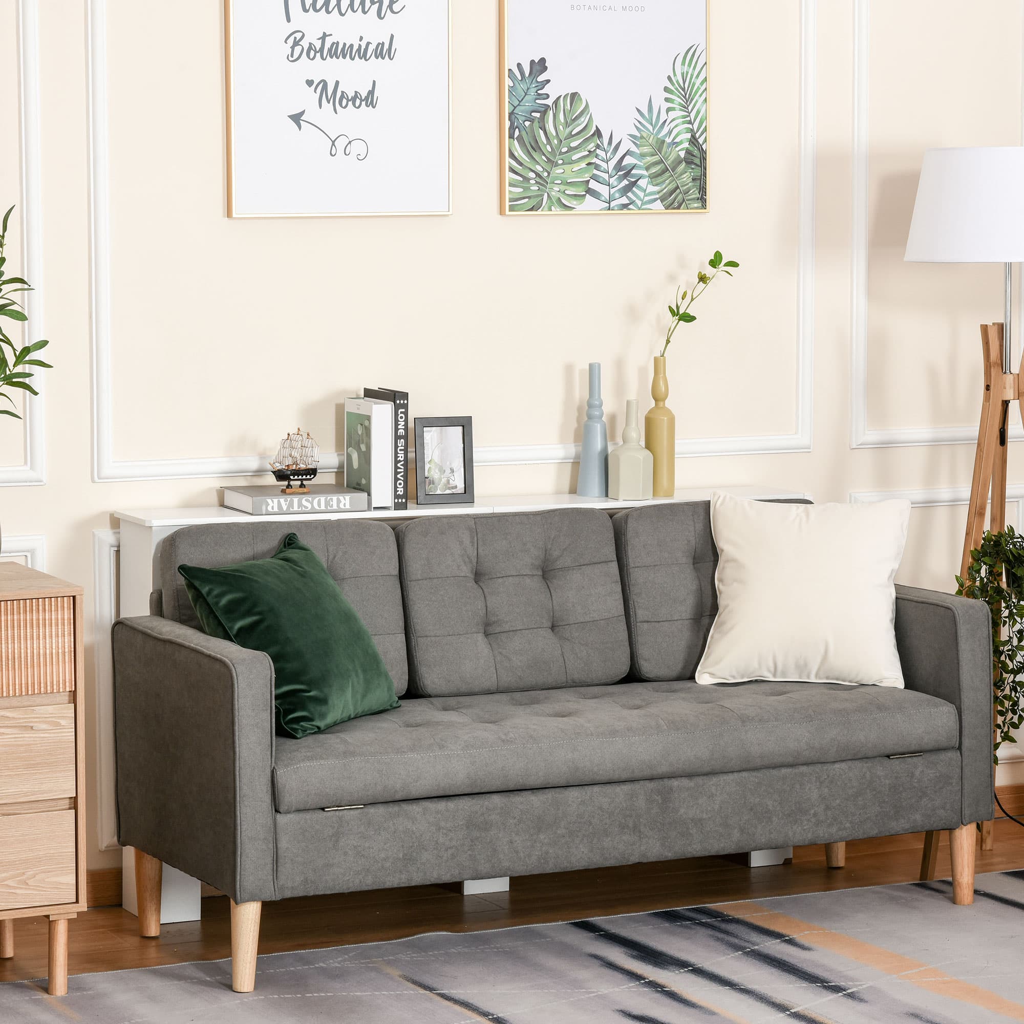 3-personers stofsofa, dobbeltsofa, grå med aftagelige hynder i bomuld og gummitræ, 166,5 x 62 x 82 cm