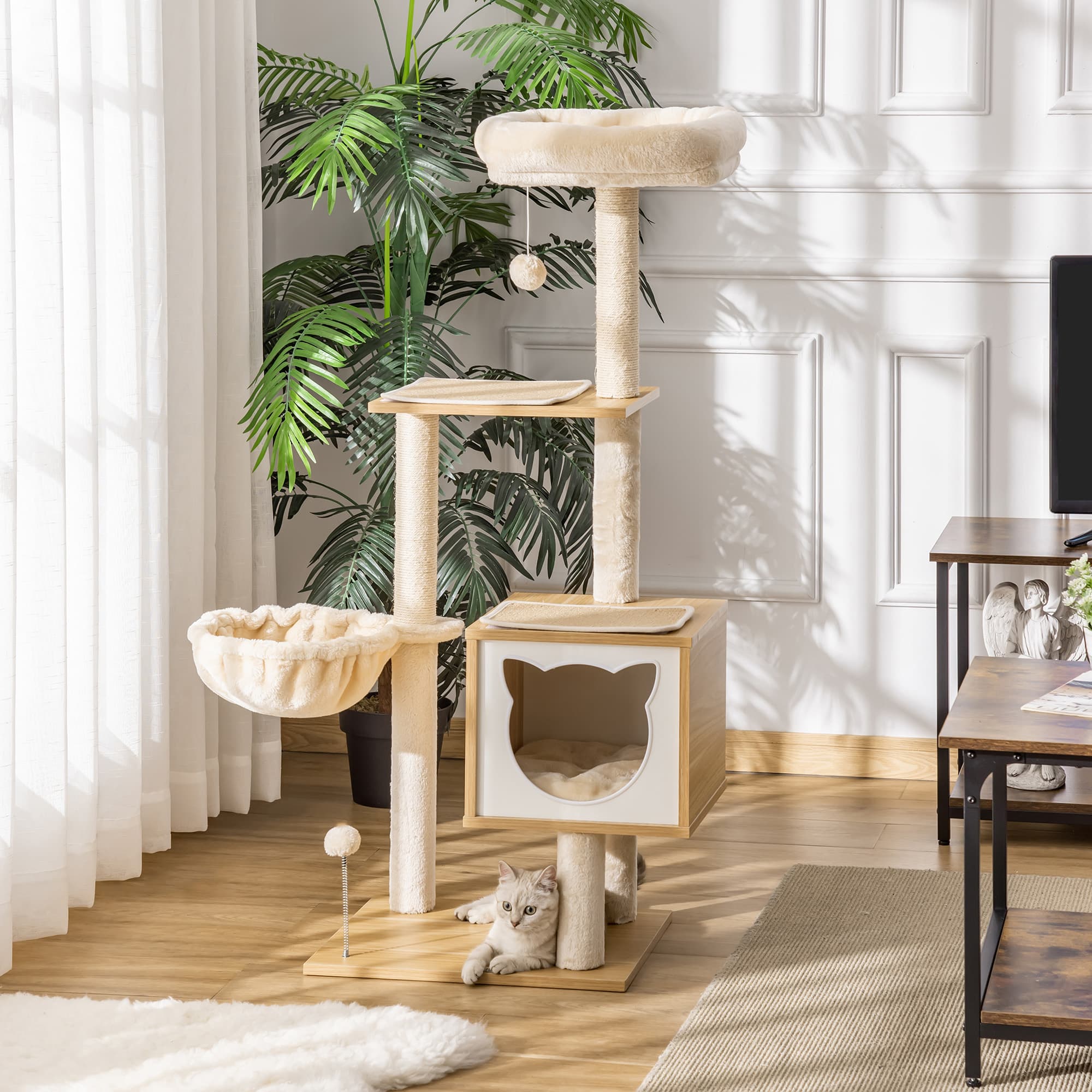 Kradsetræ Beige Kattehule med Platform 126 cm Høj Lavet af Træ og Spånplade Sisal til Katte