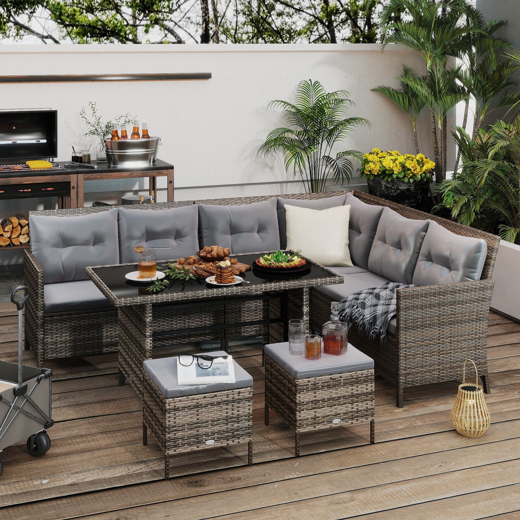 Polyrattan havemøbelsæt lounge grå, inklusive sofasæt og hynder, perfekt til udendørs og terrasse
