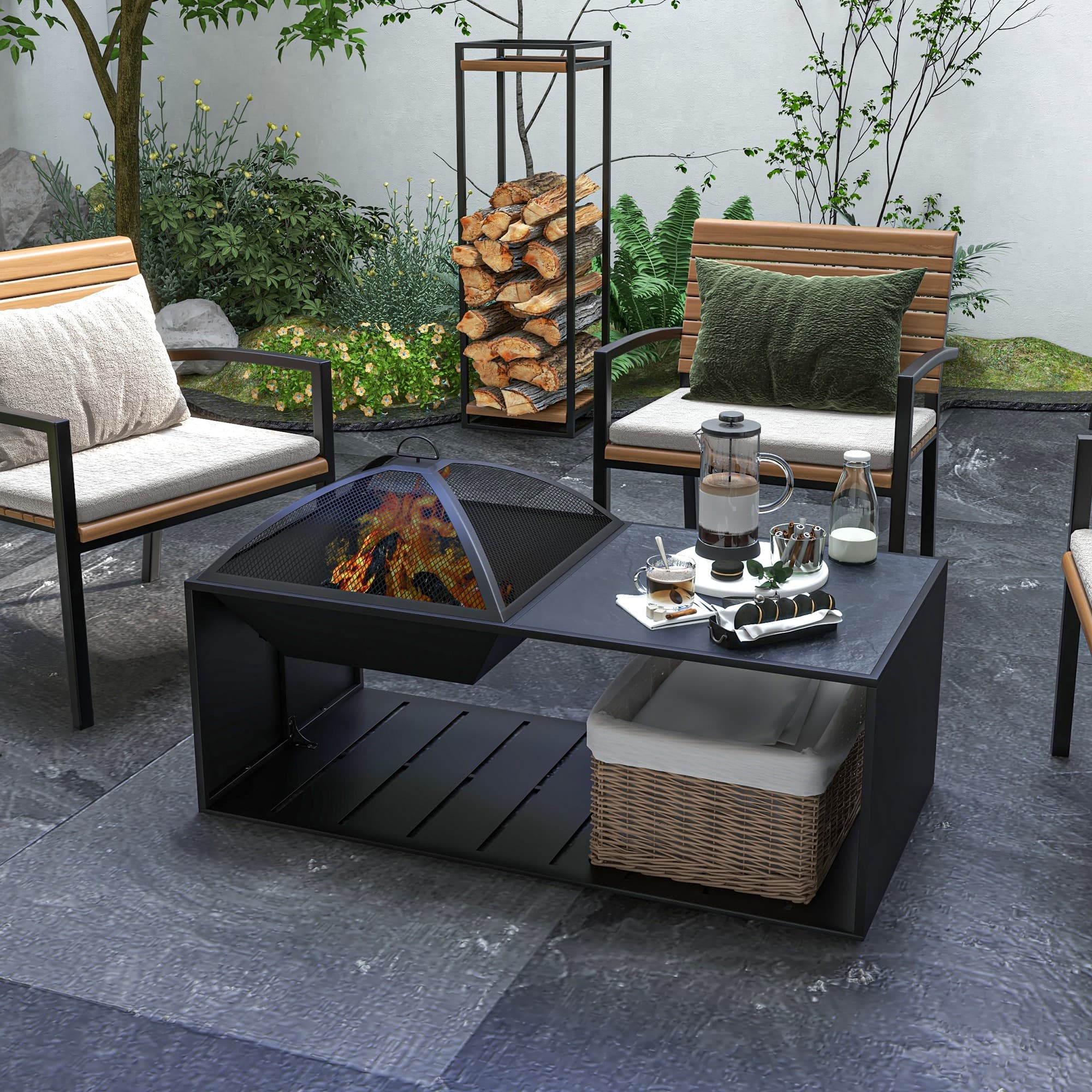 Bålkurv med gnistbeskyttelse og ildspærre, opbevaringsrum, ideel til have og terrasse, metalsort