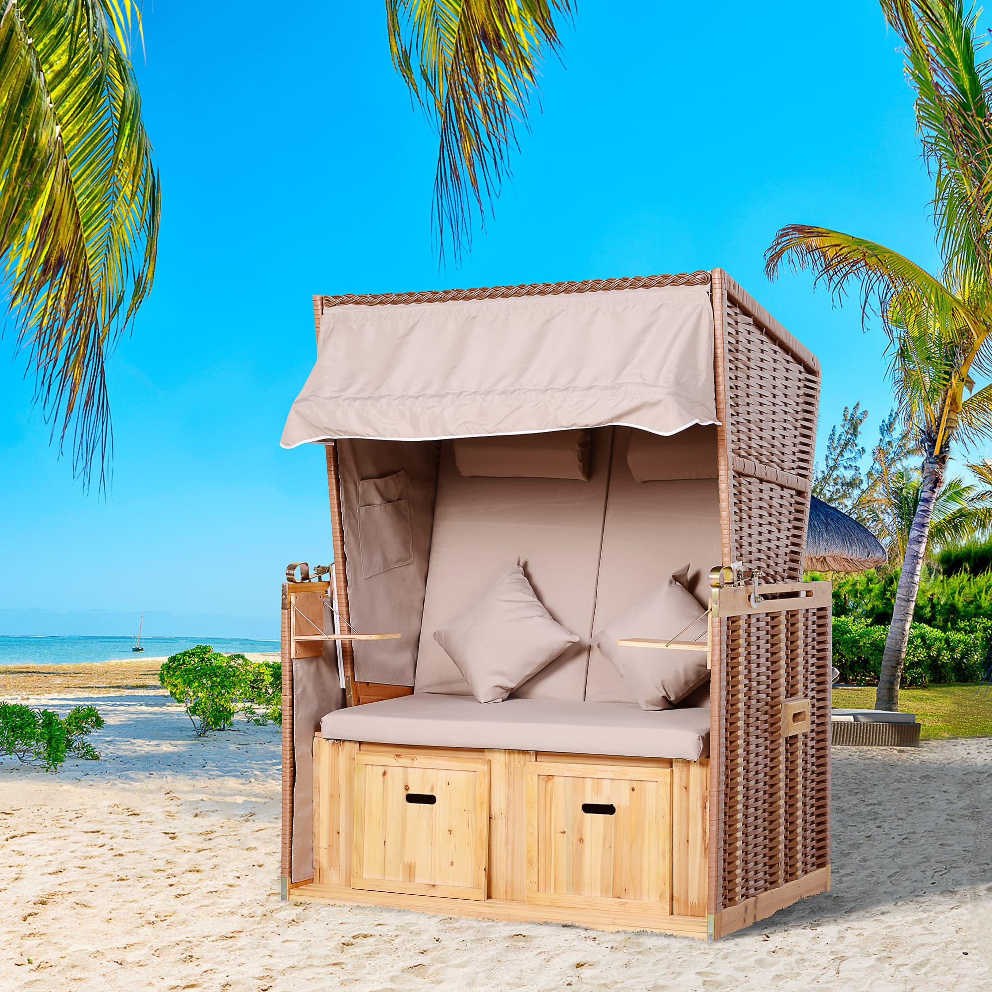 Strandstol med skammel og klapbord, fuldt lænestol med kopholdere, PE-rattan beige 118x79x160 cm til afslappende timer