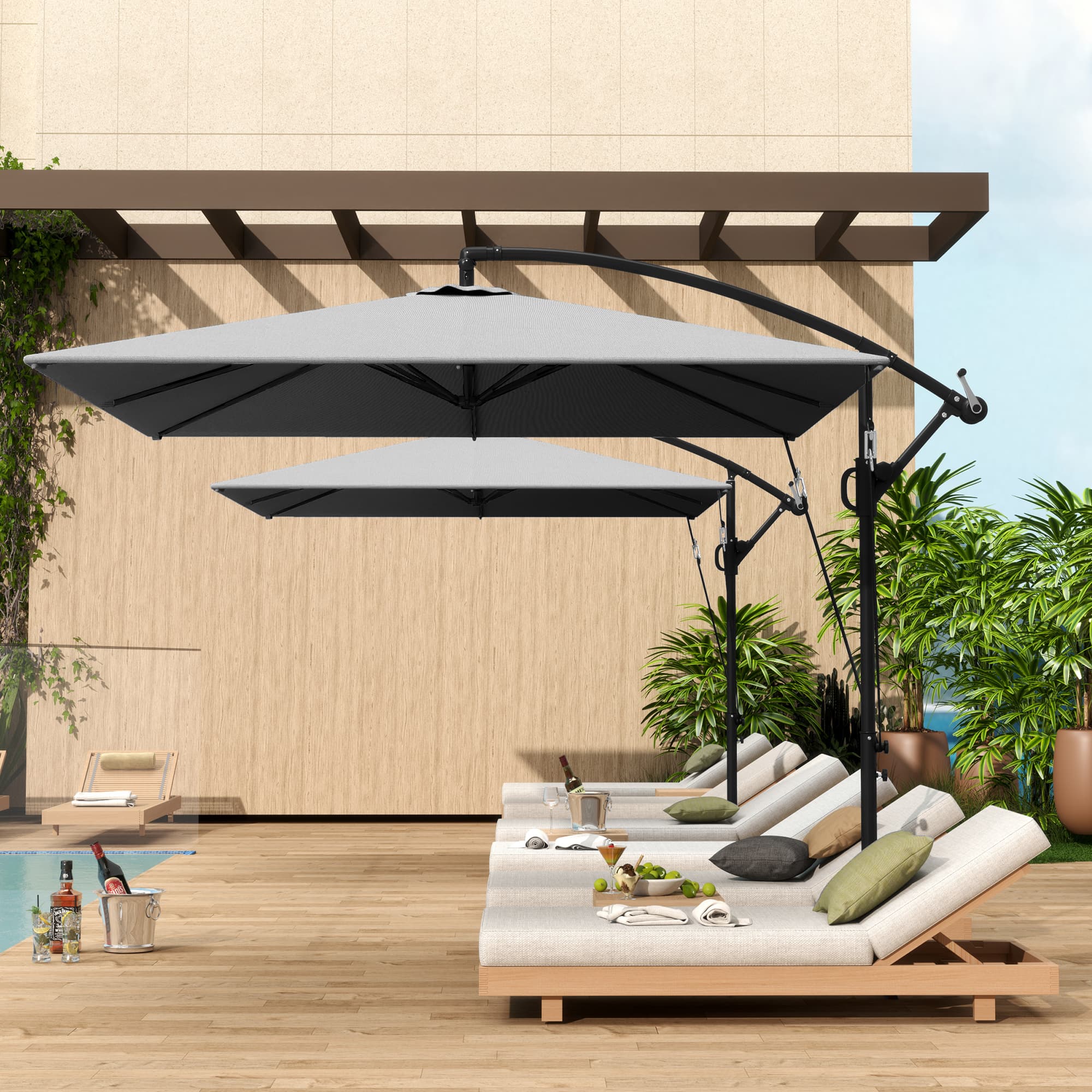 Cantilever parasol Ø260 cm parasol med UV-beskyttelse 50+, vandafvisende, håndsvingbar parasol med stativ, overtræk, håndsving, vindbeskyttelse, vipbar markedsparasol, haveparasol til altan, terrasse, grå