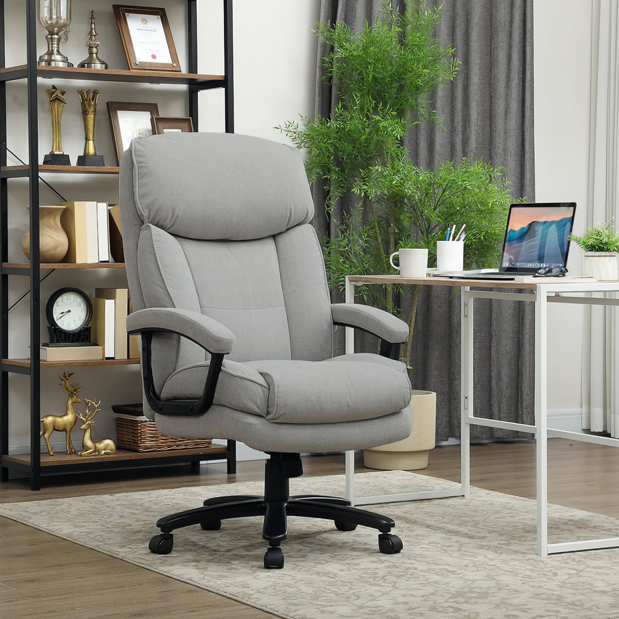 Kontorstol, Ergonomisk Skrivebordsstol med Vippefunktion, Hørlook, Højdejusterbar PC-stol med Drejefunktion, Tykke Hynder, Belastningskapacitet op til 200 kg, til Hjemmekontor, Lysegrå