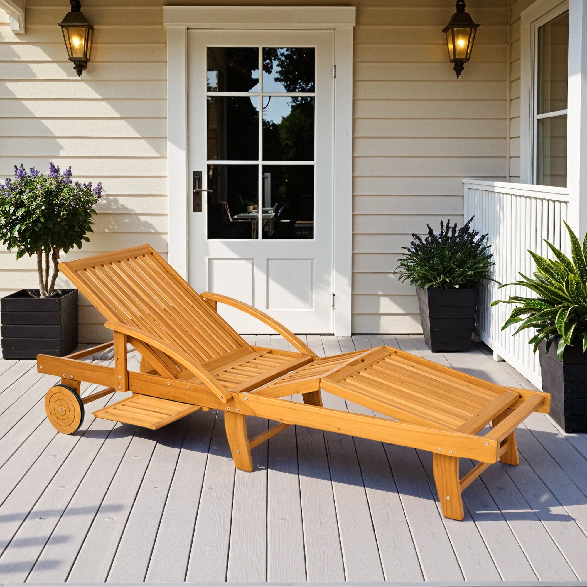 Foldbar træsolseng med sidebord, hjul, liggestol med 4-vejs justerbar ryglæn, campingsolseng, havestol op til 160 kg lasteevne, til have og strand, teak