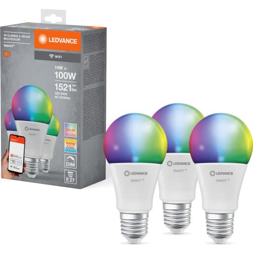 3 stk Ledvance Smart+ Wifi E27 standardpære, 2700K-6500K, 14W, 3-pak