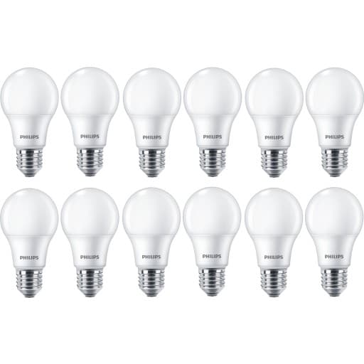 Philips E27 standardpære, 3000K, 8W, 12-pak