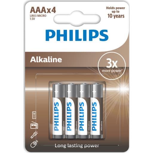 Philips Tech Alkaline AAA batterier, 4 stk.
