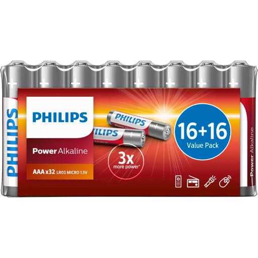 Philips Power Alkaline AAA batterier, 32 stk.